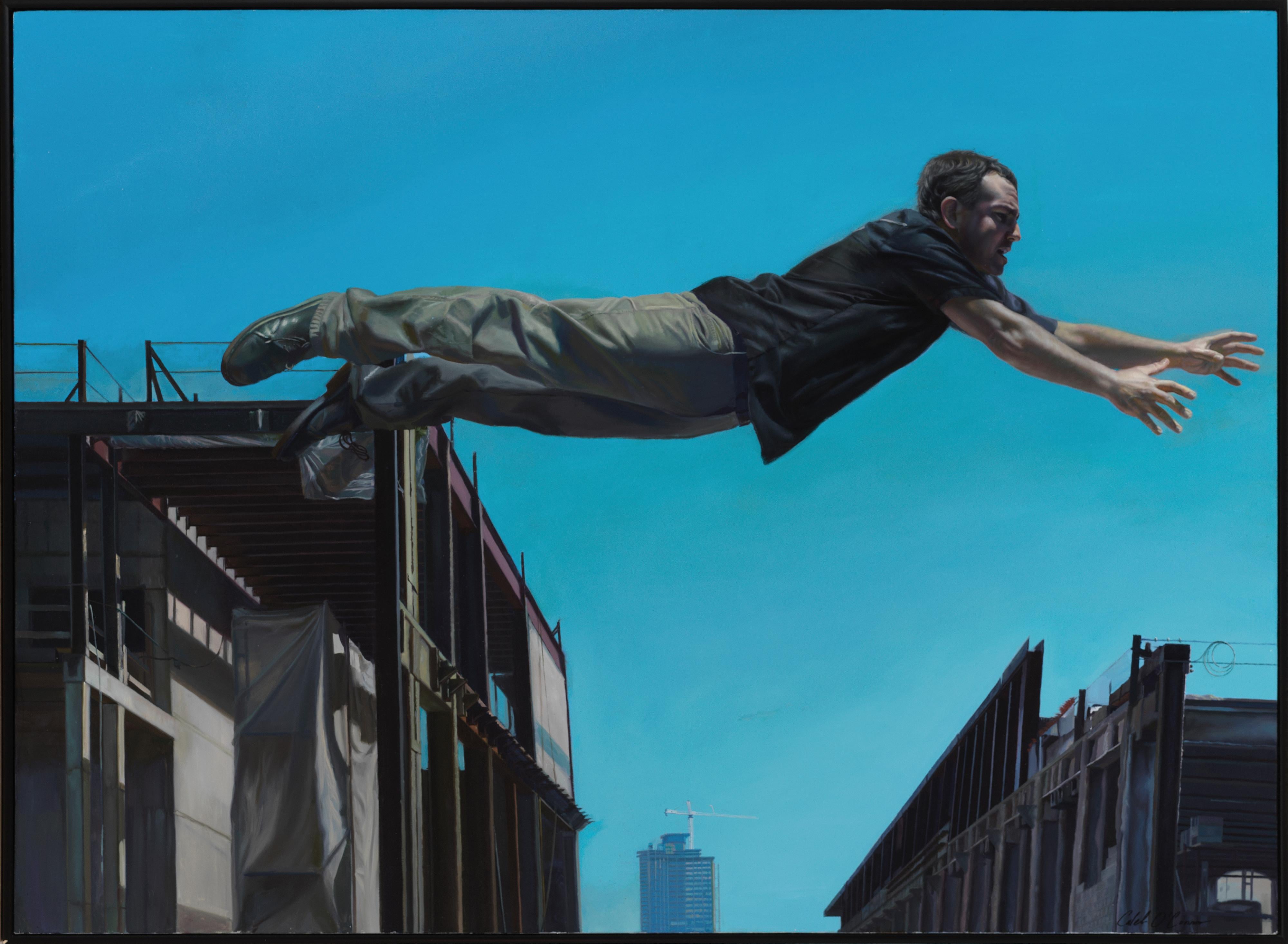 Caleb O'Connor Figurative Painting - Chasing the Edge - Large Scale Oil Painting of Man Leaping Between Buildings