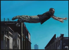 Chasing the Edge - Large Scale Oil Painting of Man Leaping Between Buildings