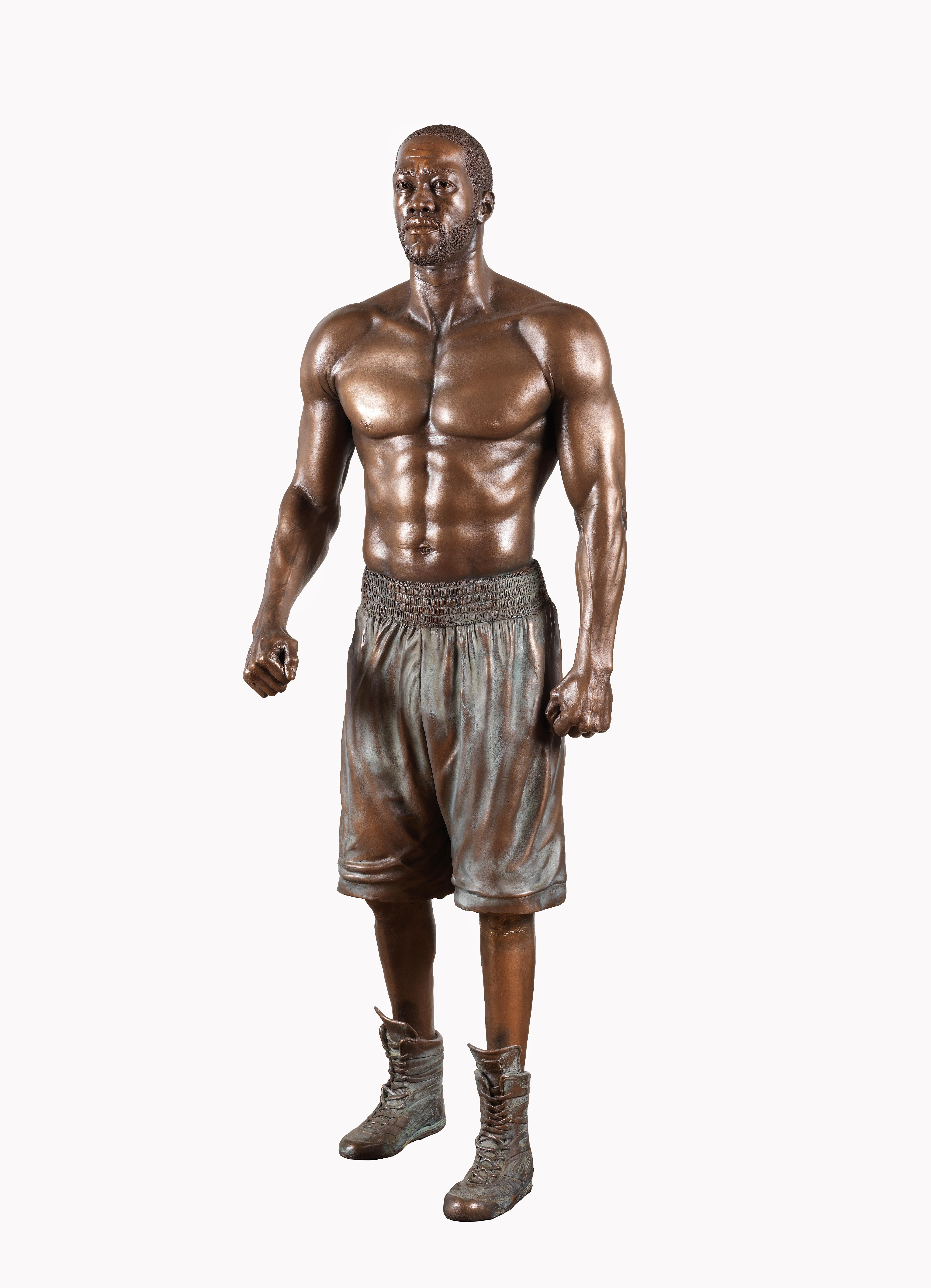 Caleb O'Connor Figurative Sculpture - Deontay Wilder, The Vow, Heavyweight Champion, Life Size Bronzed Resin Sculpture