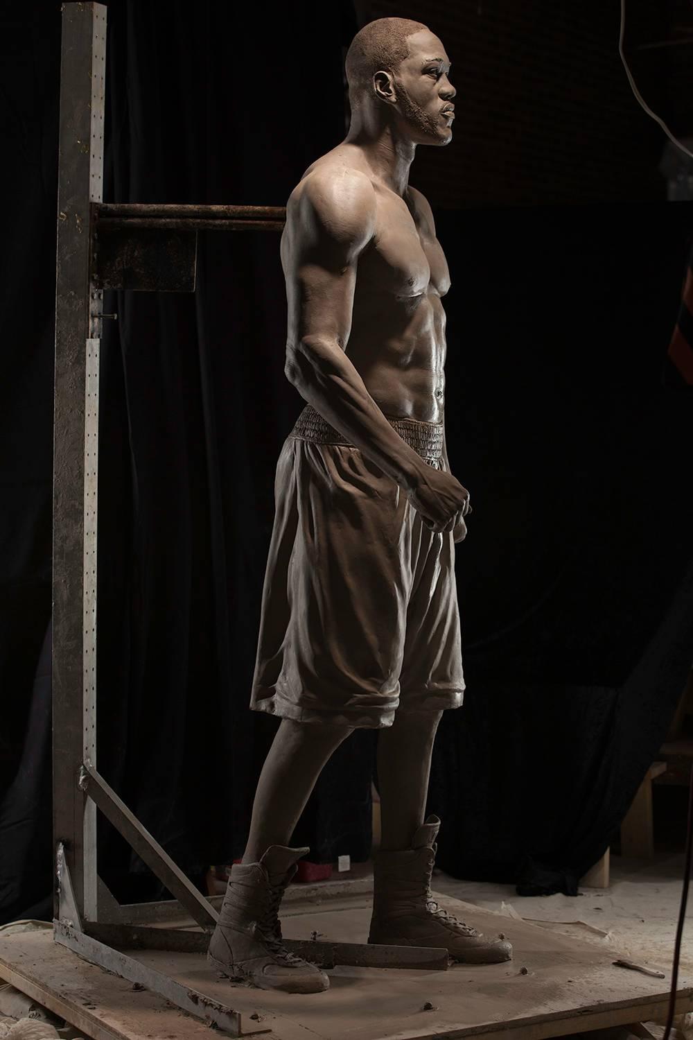 Deontay Wilder, The Vow, Heavyweight Champion, Life Size Bronzed Resin Sculpture - White Figurative Sculpture by Caleb O'Connor