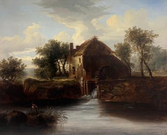Mid 19th Century English Landscape Oil Painting The Old Thatched Water Mill