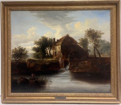 Mid 19th Century English Landscape Oil Painting The Old Thatched Water Mill