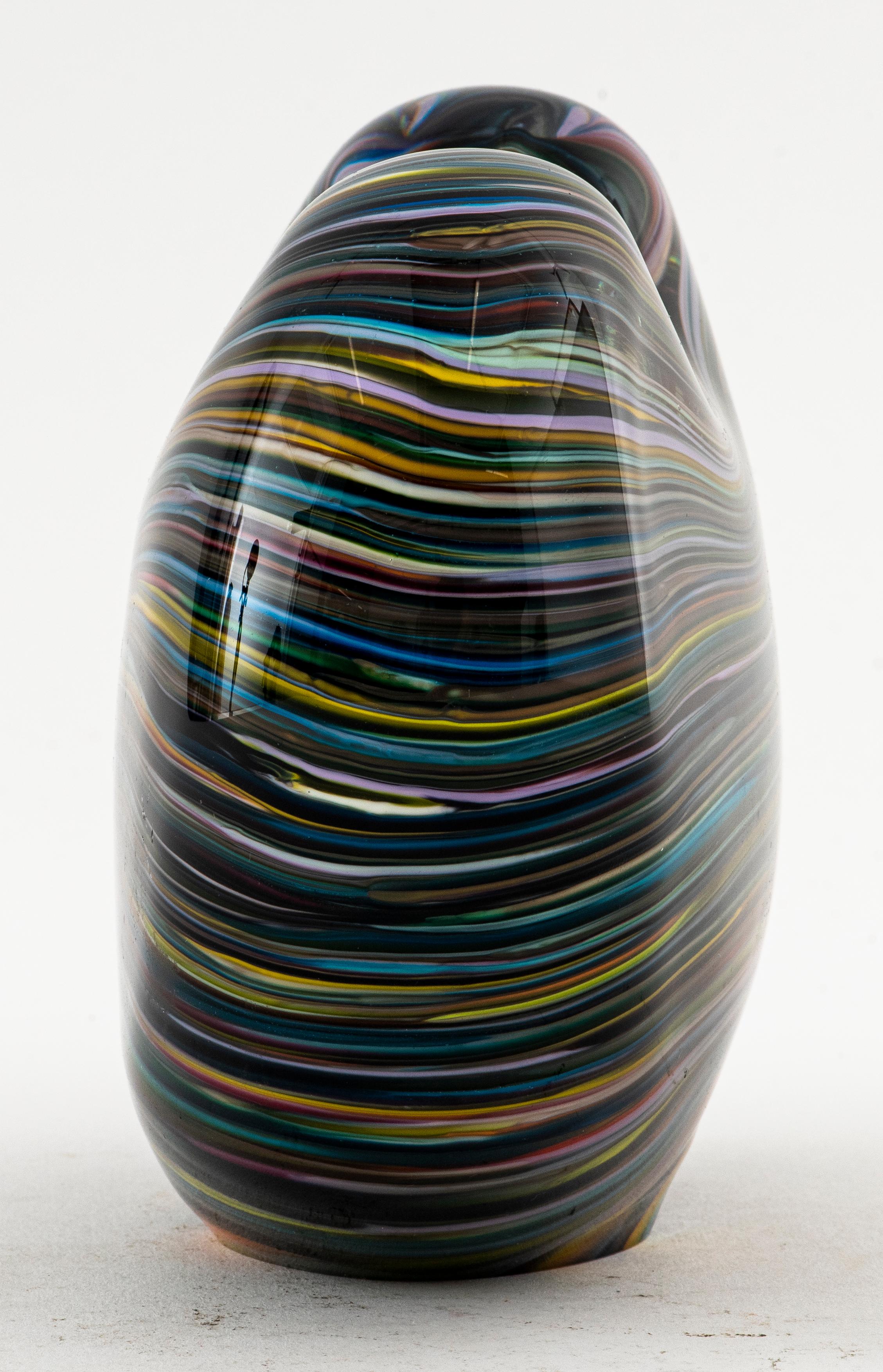 Caleb Siemon hand-blown striped heat-shaped bud vase, signed. Measures: 6