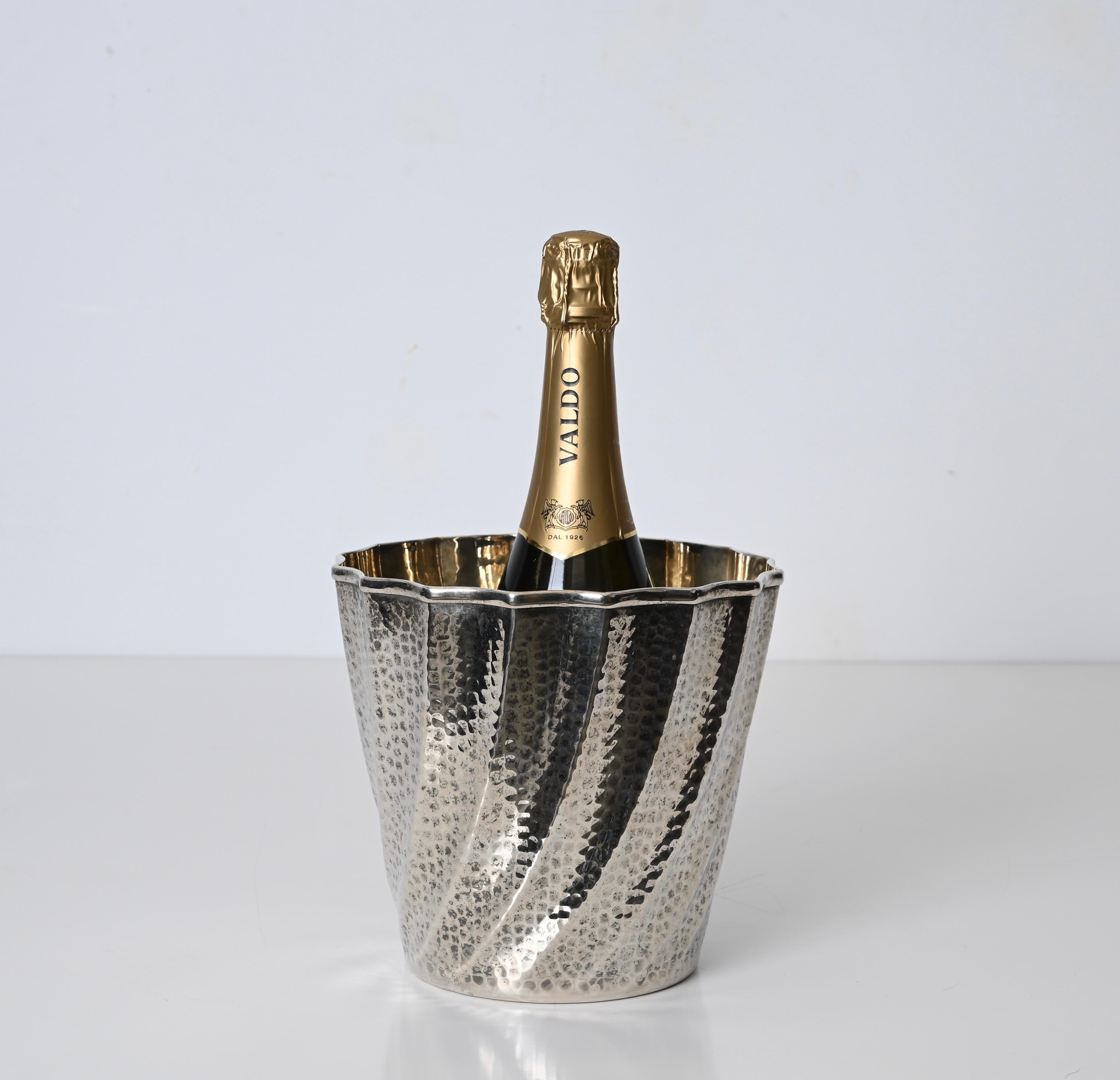 Silver Plate Calegaro Ice Bucket Hammered Silverplate and Goldplate, Italy 1970s For Sale