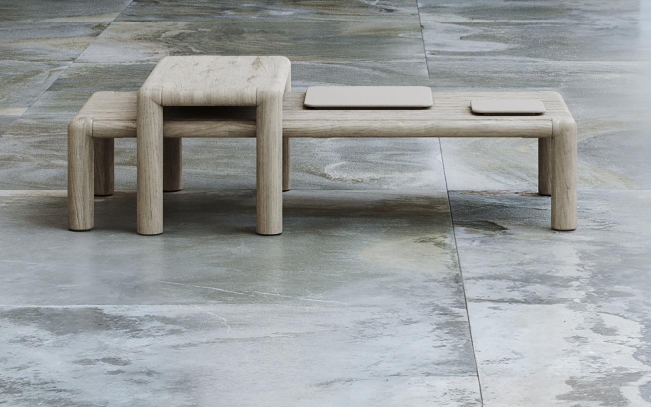 Caleo-Ash Teak Wood Decorative Large Low Coffee Table by SNOC
Dimensions: D 59 x W 140 x H 30 cm. 
Materials: Teak wood.

The Caleo Collection embodies understated luxury, blending contemporary form with timeless materials. Designed for both outdoor