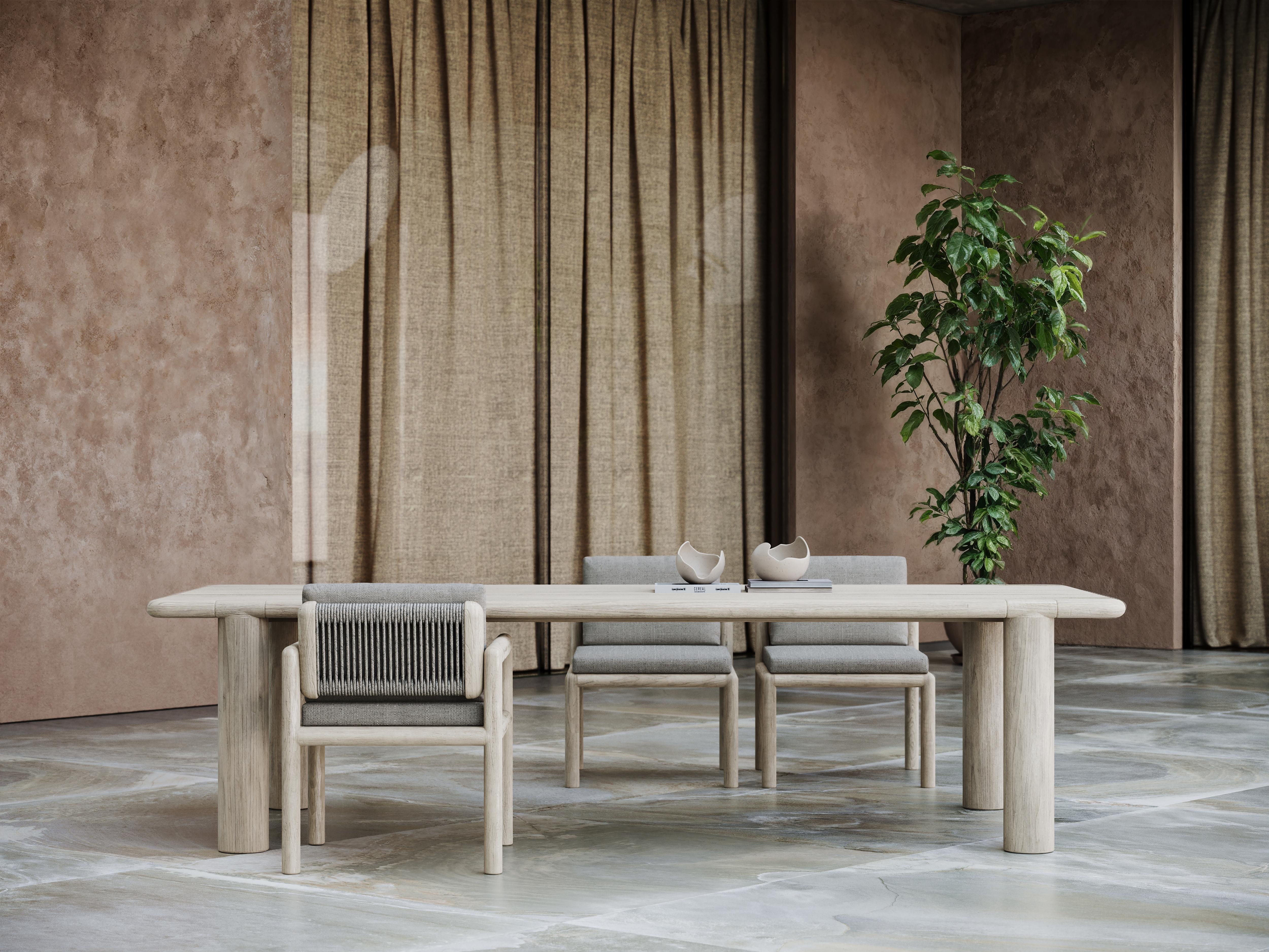 Caleo-Ash Teak Wood Frame, Rope And Ethereal Fabric Dining Chair by SNOC
Dimensions: D 66 x W 62 x H 76 cm. SH: 48 cm.
Materials: Teak wood, rope, and Ethereal fabric. 

The Caleo Collection embodies understated luxury, blending contemporary form