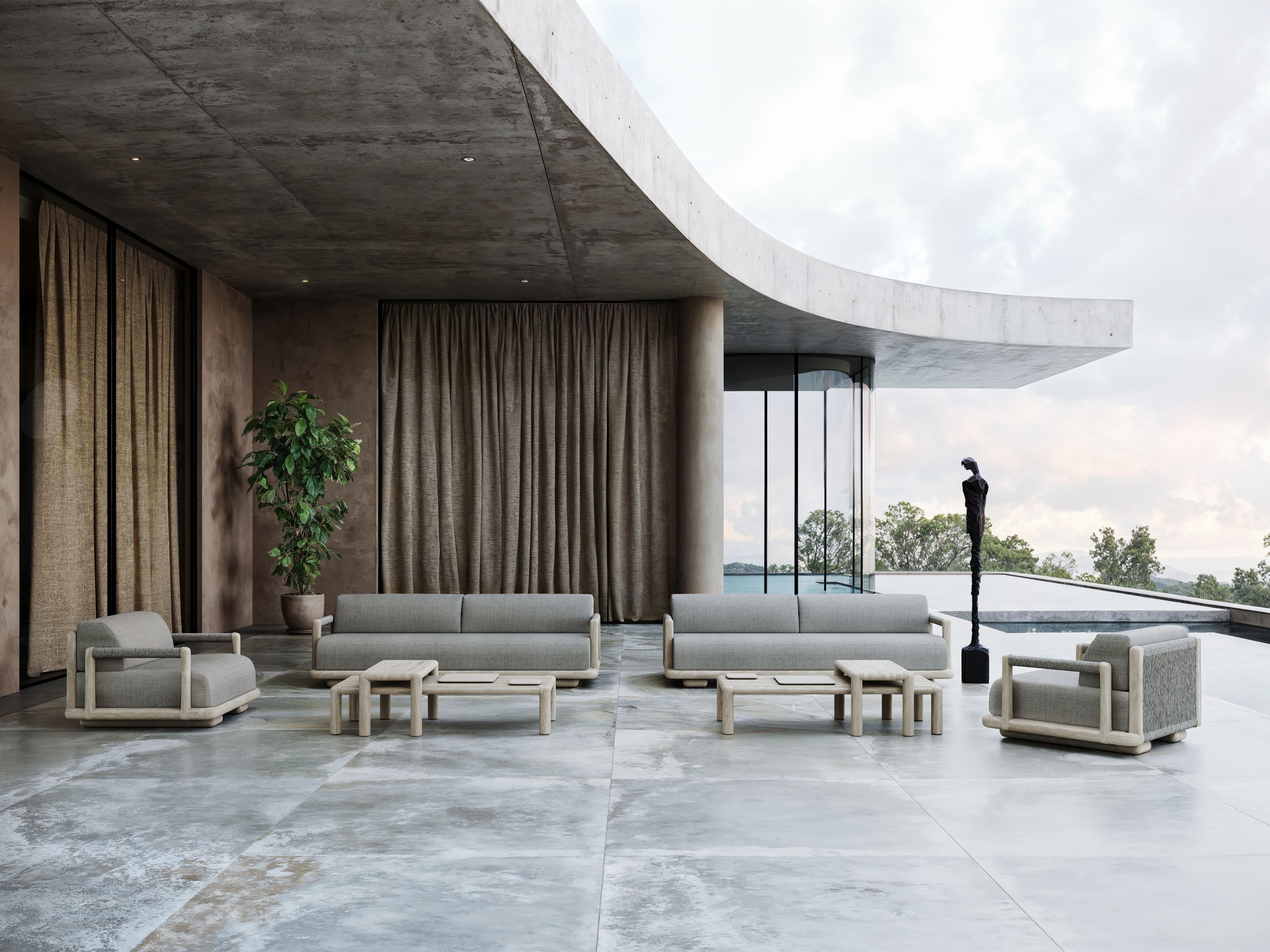 Caleo-Ash Teak Wood Frame, Rope And Ethereal Fabric Three-Seater Sofa by SNOC
Dimensions: D 100 x W 235 x H 65 cm. SH: 42 cm.
Materials: Teak wood, rope, and Ethereal fabric. 

The Caleo Collection embodies understated luxury, blending contemporary