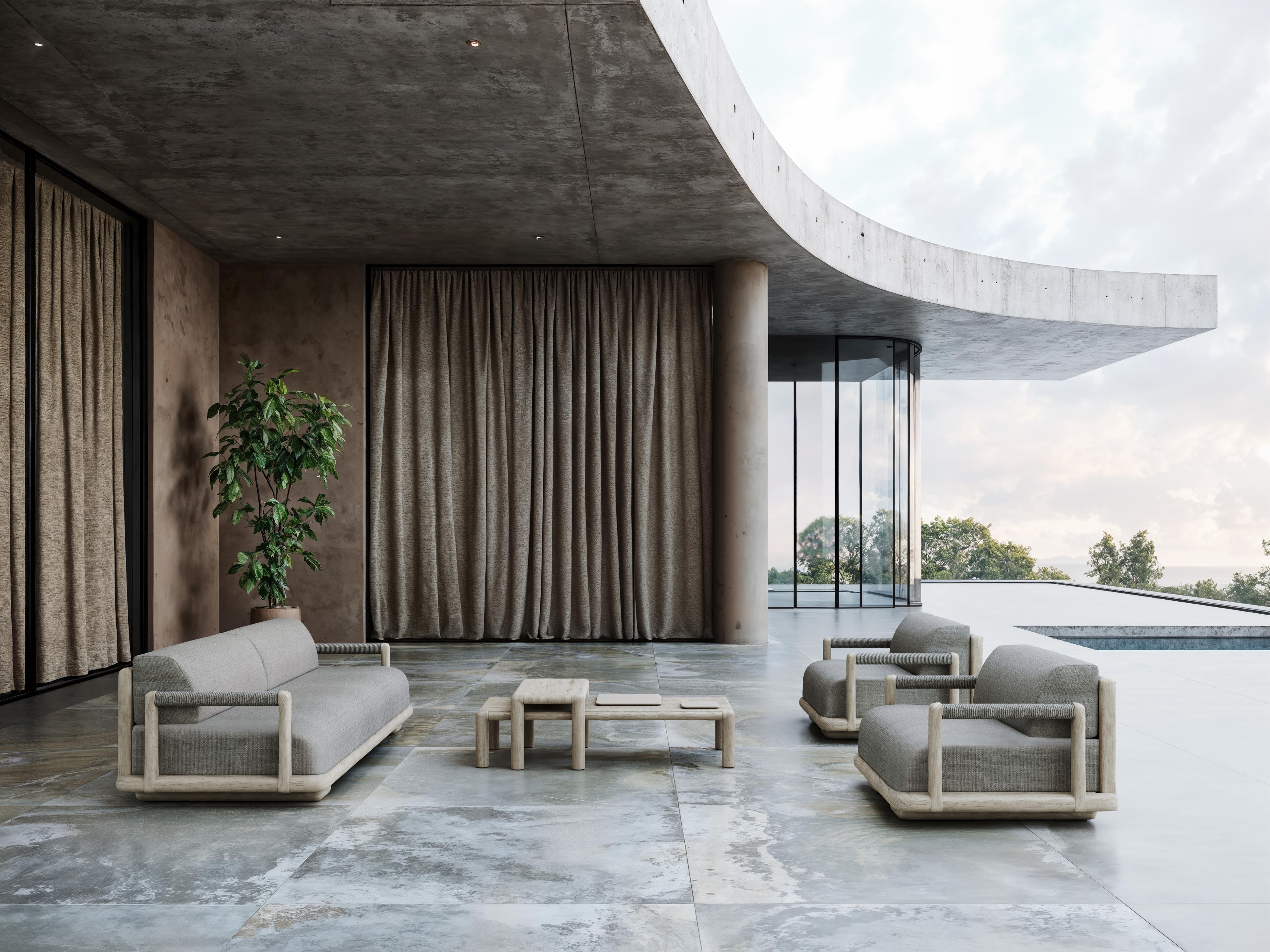 Post-Modern Caleo-Ash Teak Wood Frame, Rope And Ethereal Fabric Three-Seater Sofa by SNOC For Sale