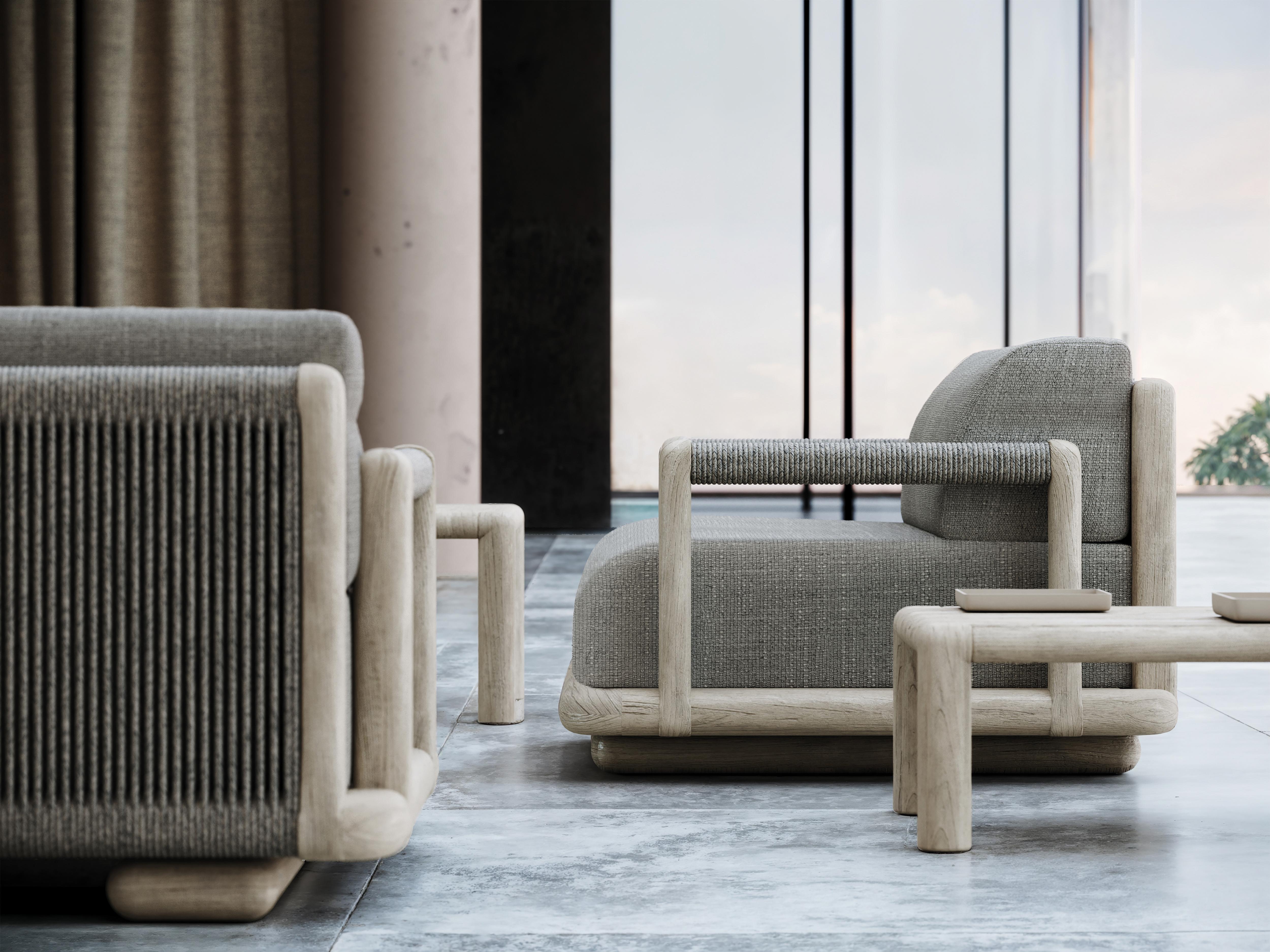 Other Caleo-Ash Teak Wood Frame, Rope And Ethereal Fabric Three-Seater Sofa by SNOC For Sale