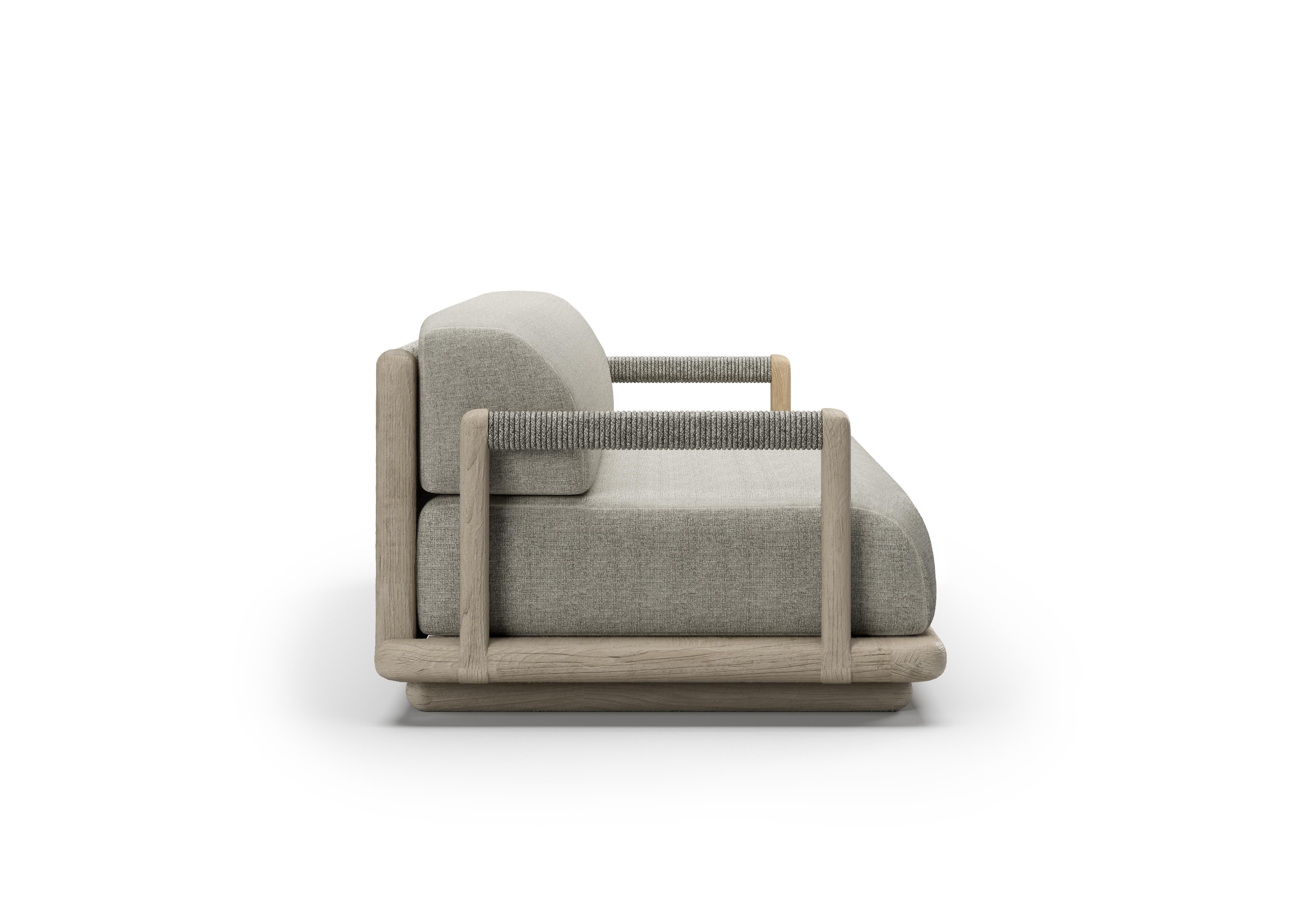 Contemporary Caleo-Ash Teak Wood Frame, Rope And Ethereal Fabric Three-Seater Sofa by SNOC For Sale