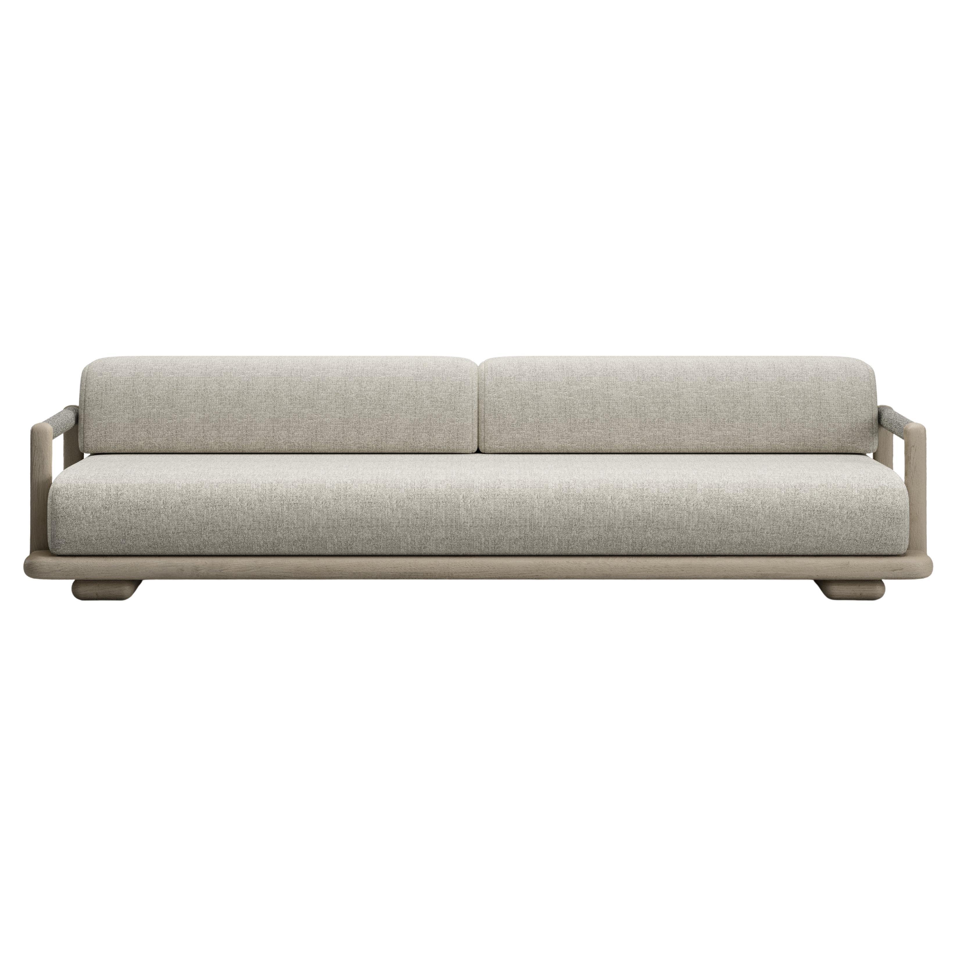 Caleo-Ash Teak Wood Frame, Rope And Ethereal Fabric Three-Seater Sofa by SNOC