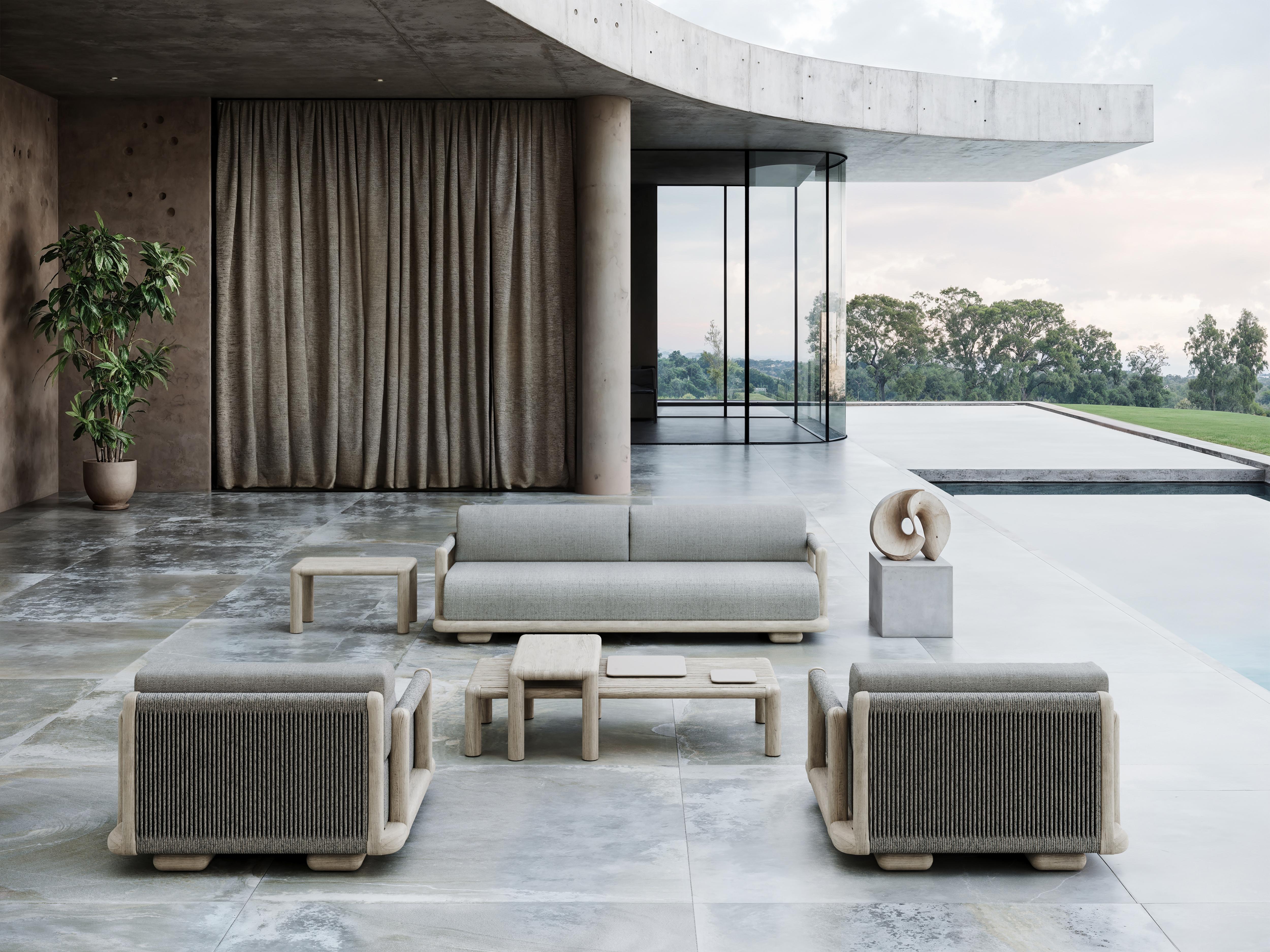 Turkish Caleo-Ash Teak Wood Frame, Rope And Ethereal Fabric Two-Seater Sofa by SNOC For Sale