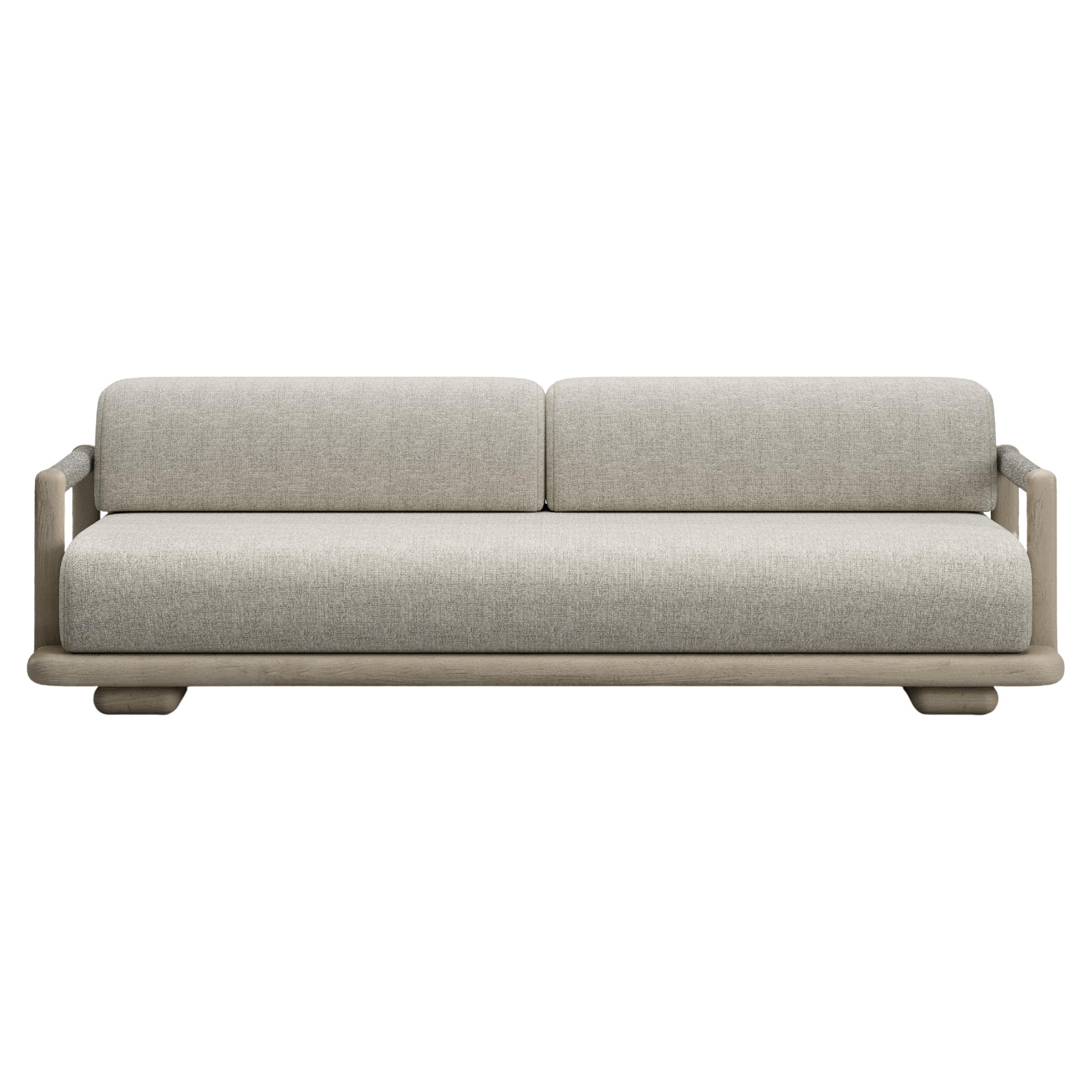Caleo-Ash Teak Wood Frame, Rope And Ethereal Fabric Two-Seater Sofa by SNOC
