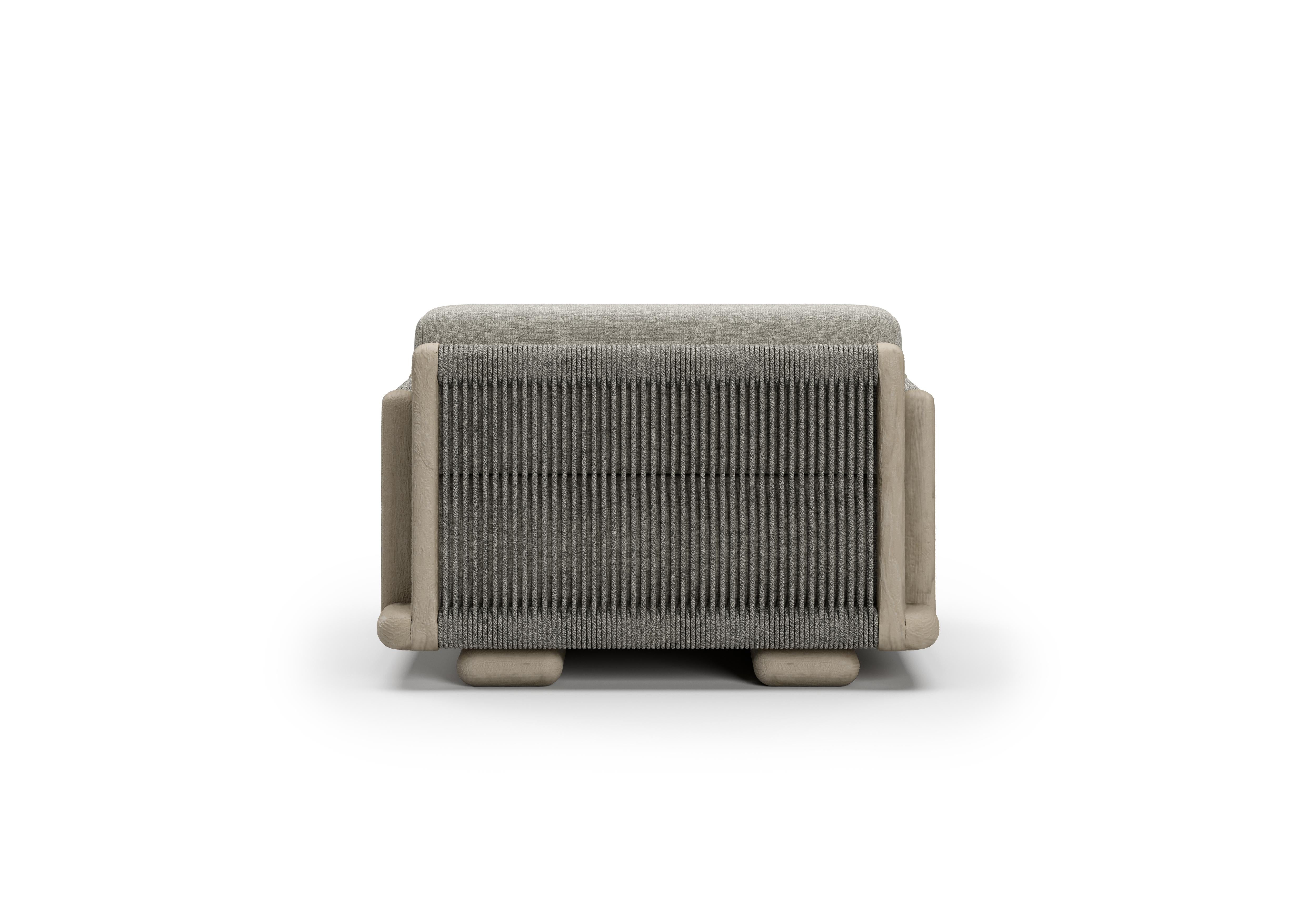 Contemporary Caleo-Ash Teak Wood Frame, Rope And Ethereal Fabric Upholstery Armchair by SNOC For Sale