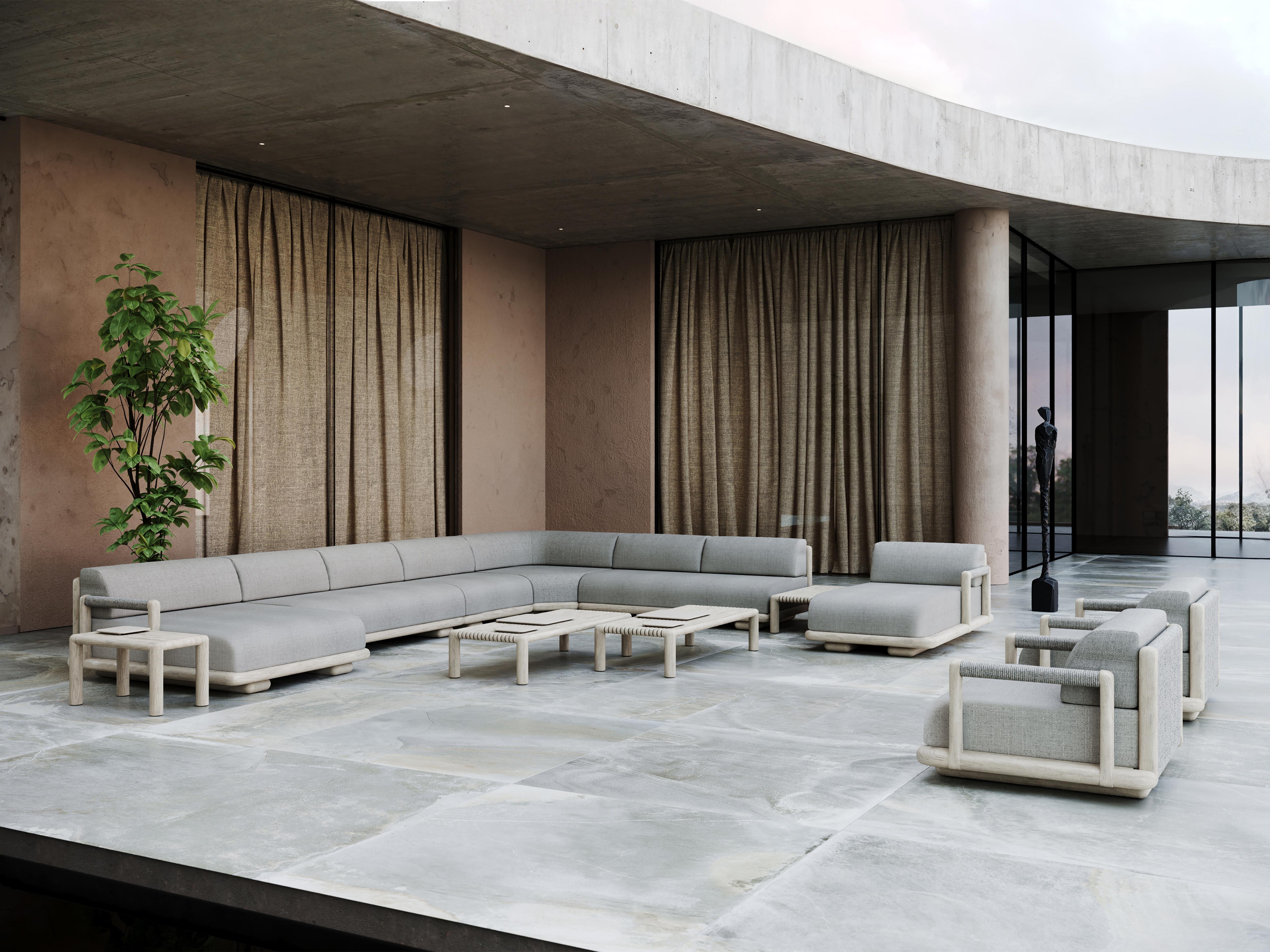 Post-Modern Caleo-Ash Teak Wood, Rope And Ethereal Fabric Corner Modular Sofa by SNOC For Sale