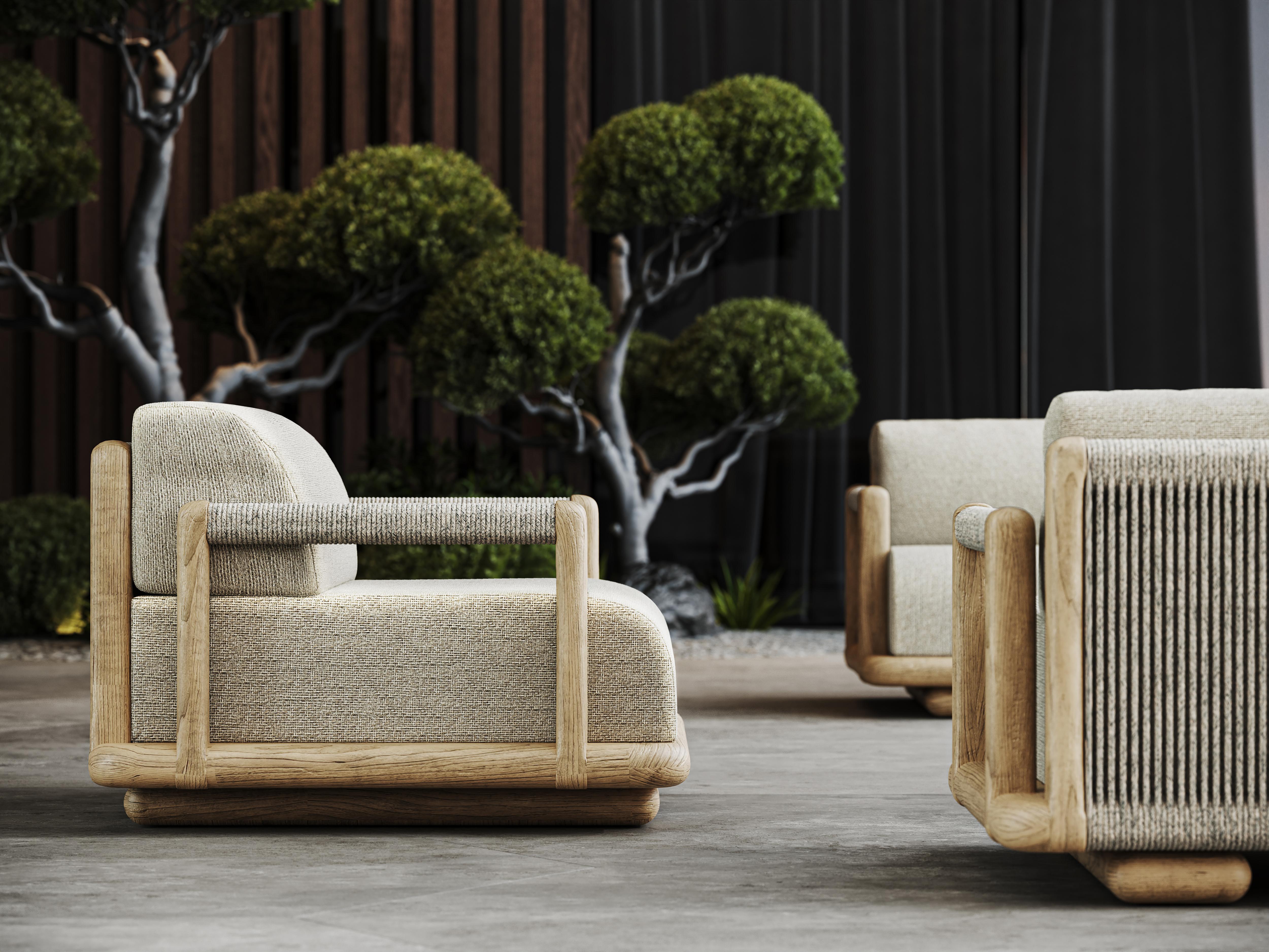Caleo-Natural Teak, Rope And Ethereal Fabric Half Backrest Modular Sofa by SNOC
Dimensions: D 100 x W 181 x H 65 cm. SH: 42 cm.
Materials: Teak wood, rope, and Ethereal fabric. 

The Caleo Collection embodies understated luxury, blending