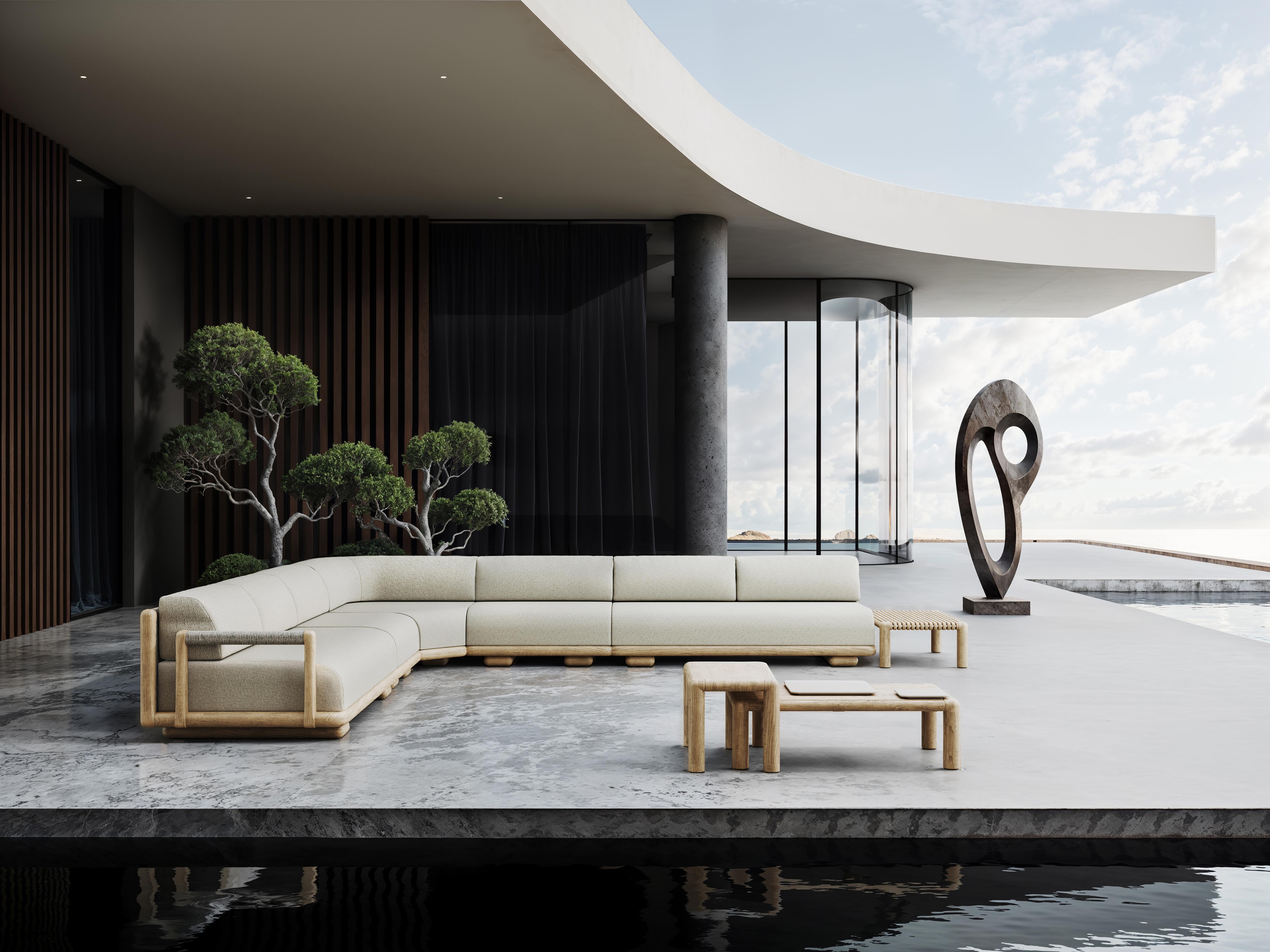 Post-Modern Caleo-Natural Teak, Rope And Ethereal Fabric Half Backrest Modular Sofa by SNOC For Sale