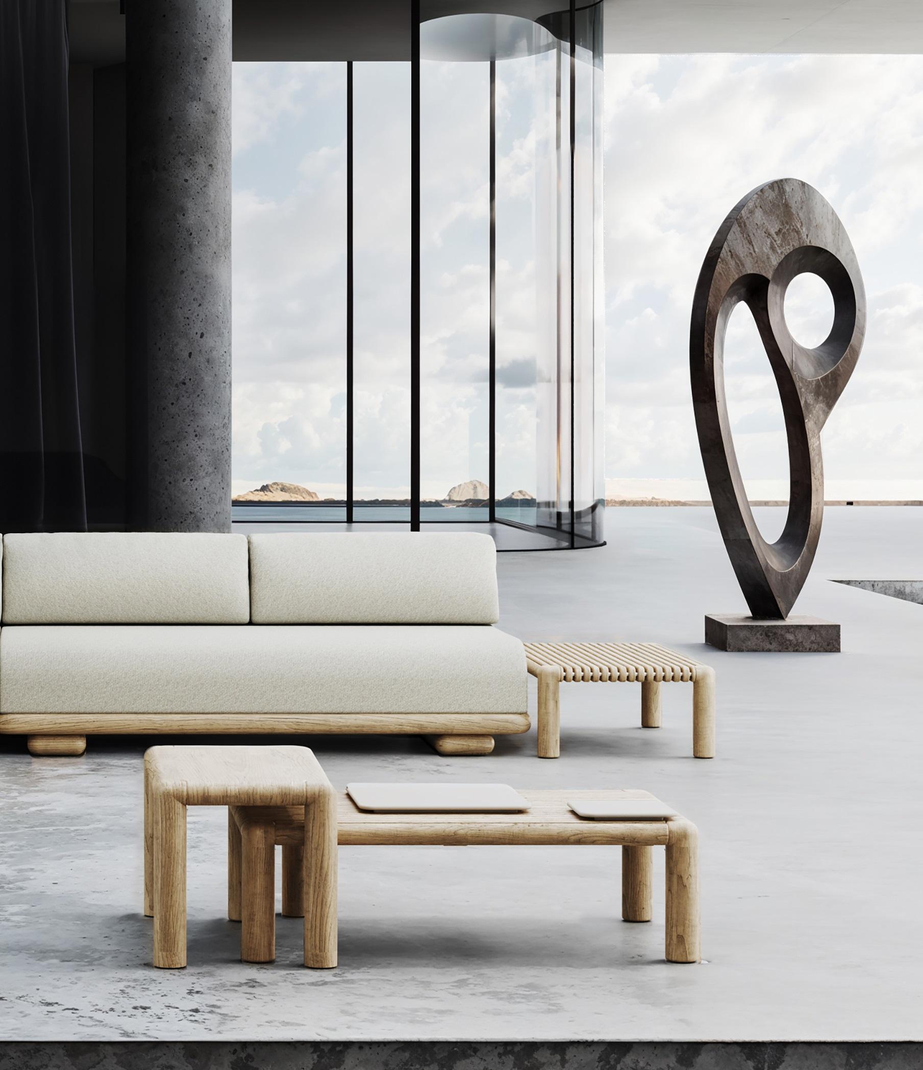 Turkish Caleo-Natural Teak, Rope And Ethereal Fabric Half Backrest Modular Sofa by SNOC For Sale