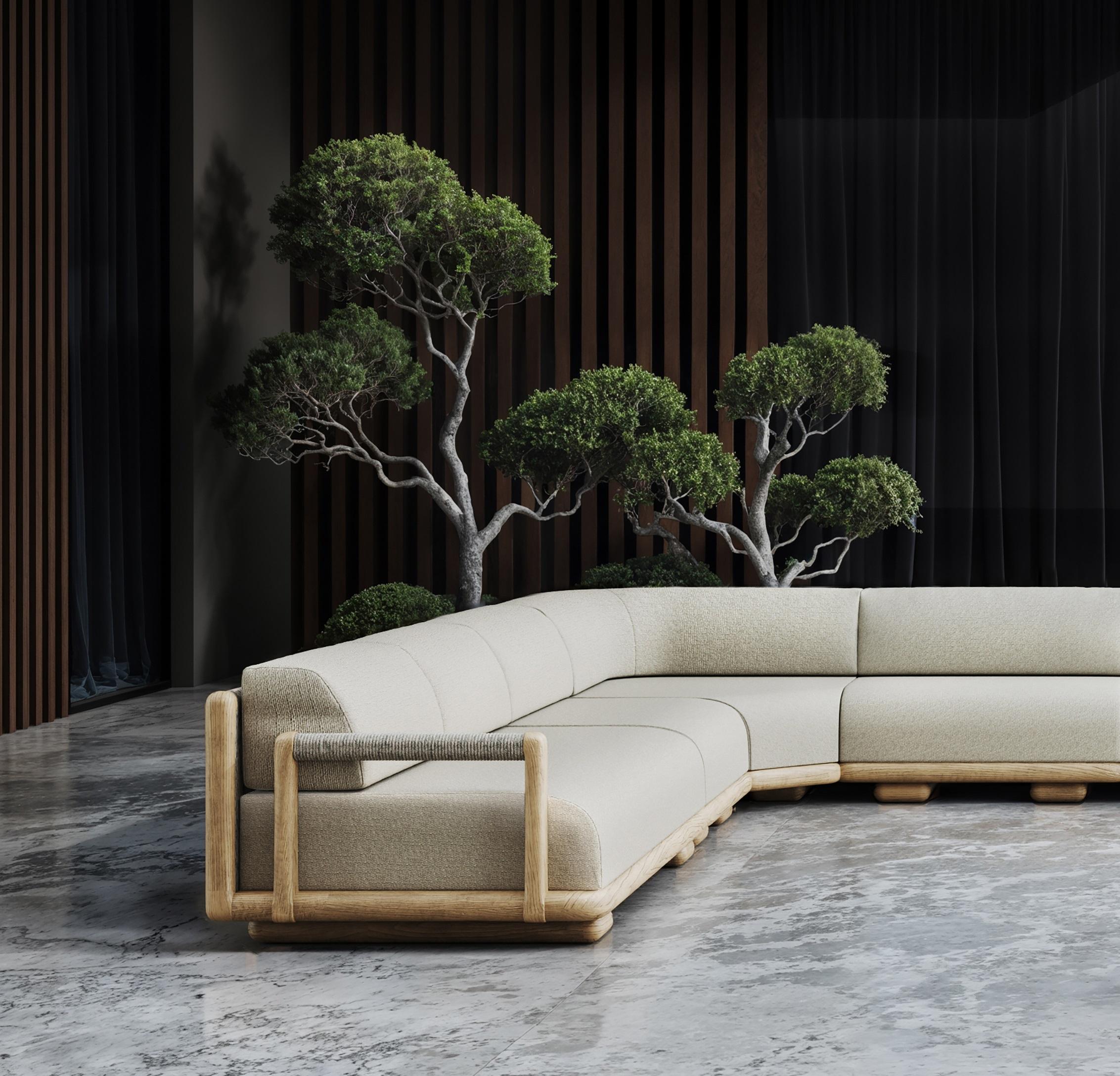 Other Caleo-Natural Teak, Rope And Ethereal Fabric Half Backrest Modular Sofa by SNOC For Sale