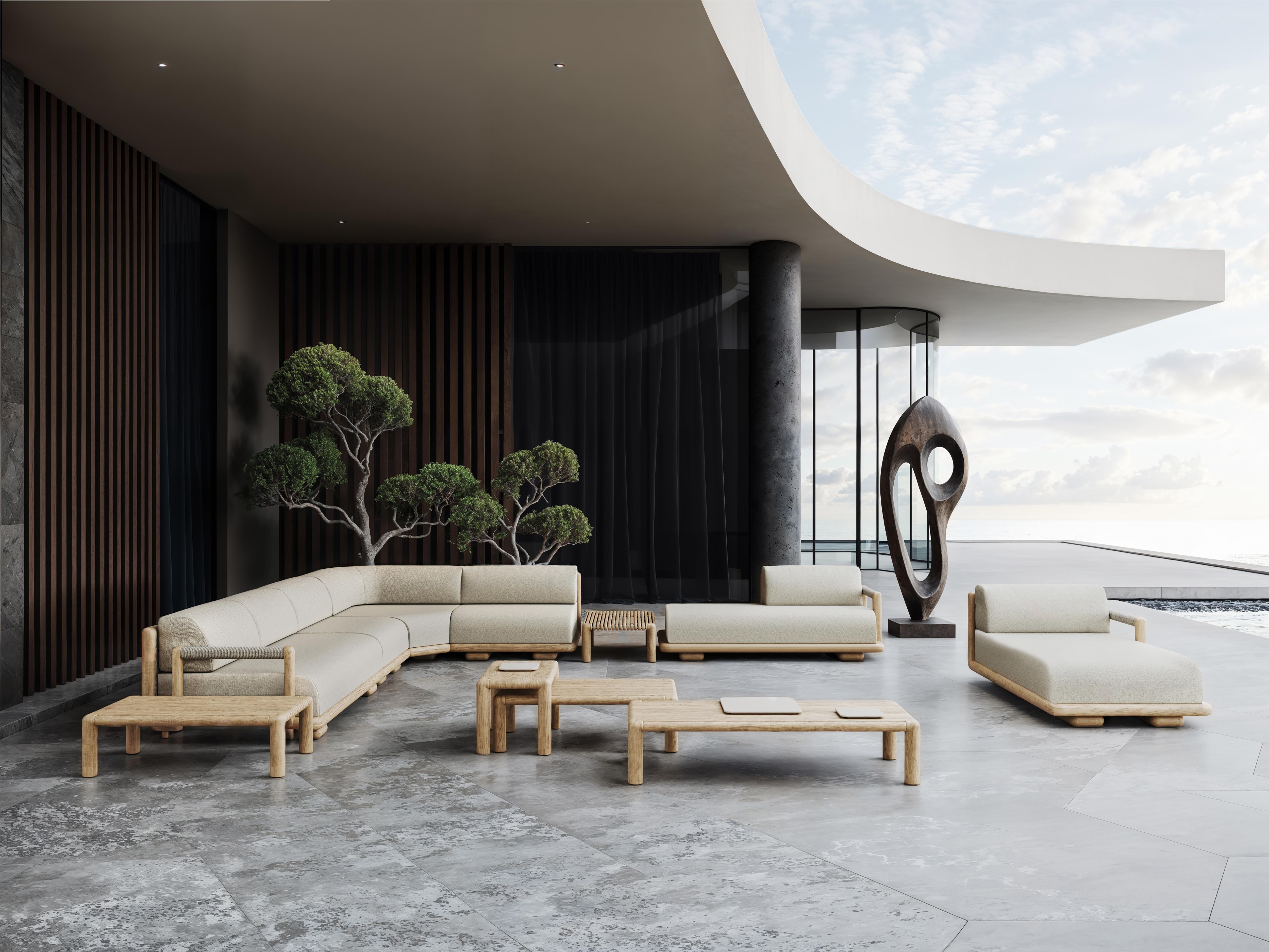 Caleo-Natural Teak, Rope And Ethereal Fabric Half Backrest Modular Sofa by SNOC In New Condition For Sale In Geneve, CH