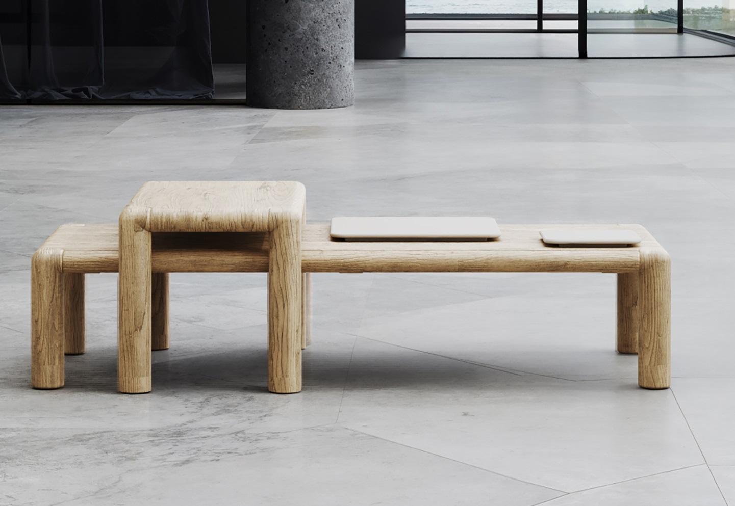 Caleo-Natural Teak Wood Decorative Medium Low Coffee Table by SNOC
Dimensions: D 40 x W 73 x H 40 cm. 
Materials: Teak wood.

The Caleo Collection embodies understated luxury, blending contemporary form with timeless materials. Designed for both