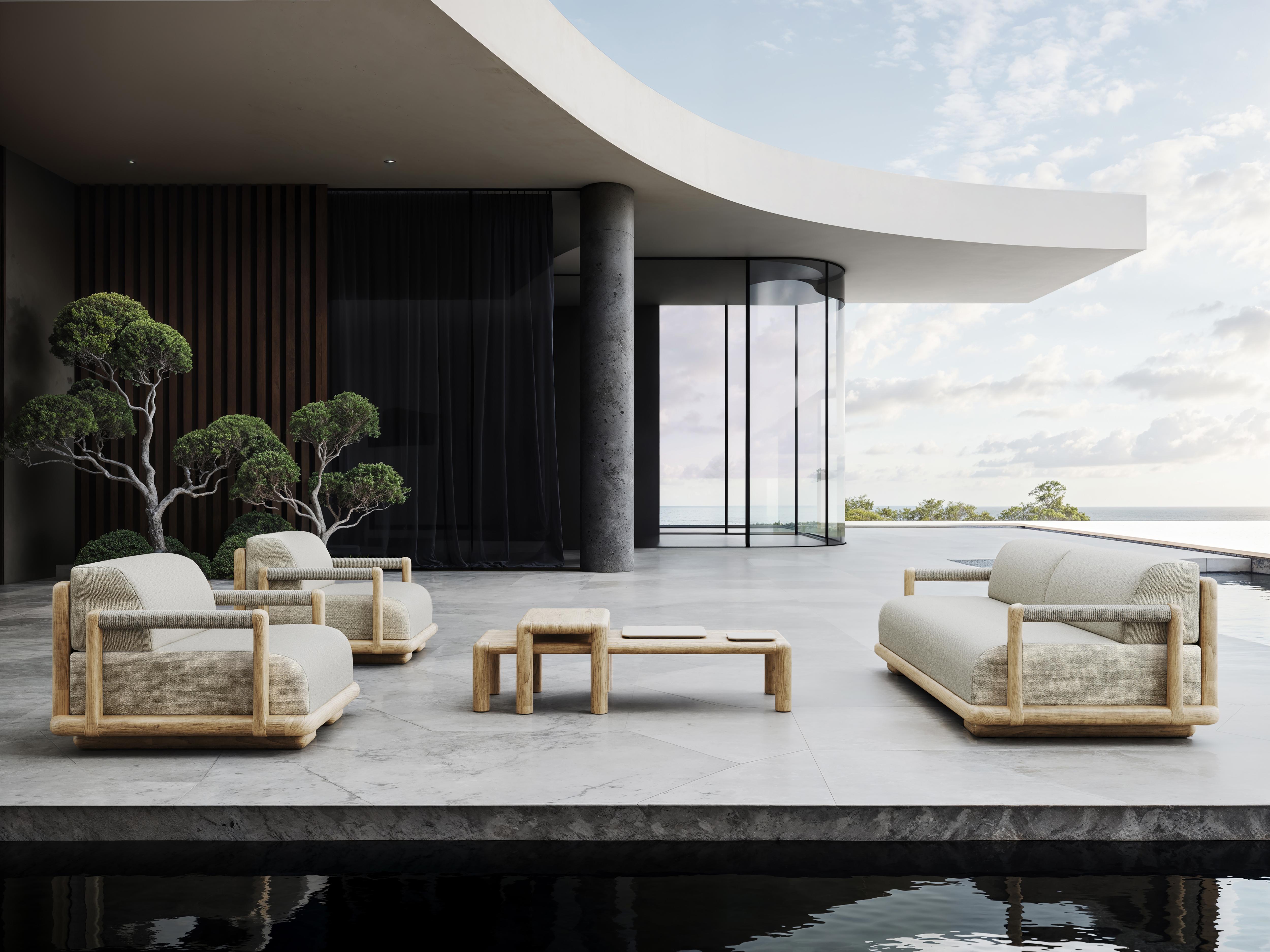 Caleo-Natural Teak Wood Frame, Rope And Ethereal Fabric Two-Seater Sofa by SNOC
Dimensions: D 100 x W 195 x H 65 cm. SH: 42 cm.
Materials: Teak wood, rope, and Ethereal fabric. 

The Caleo Collection embodies understated luxury, blending