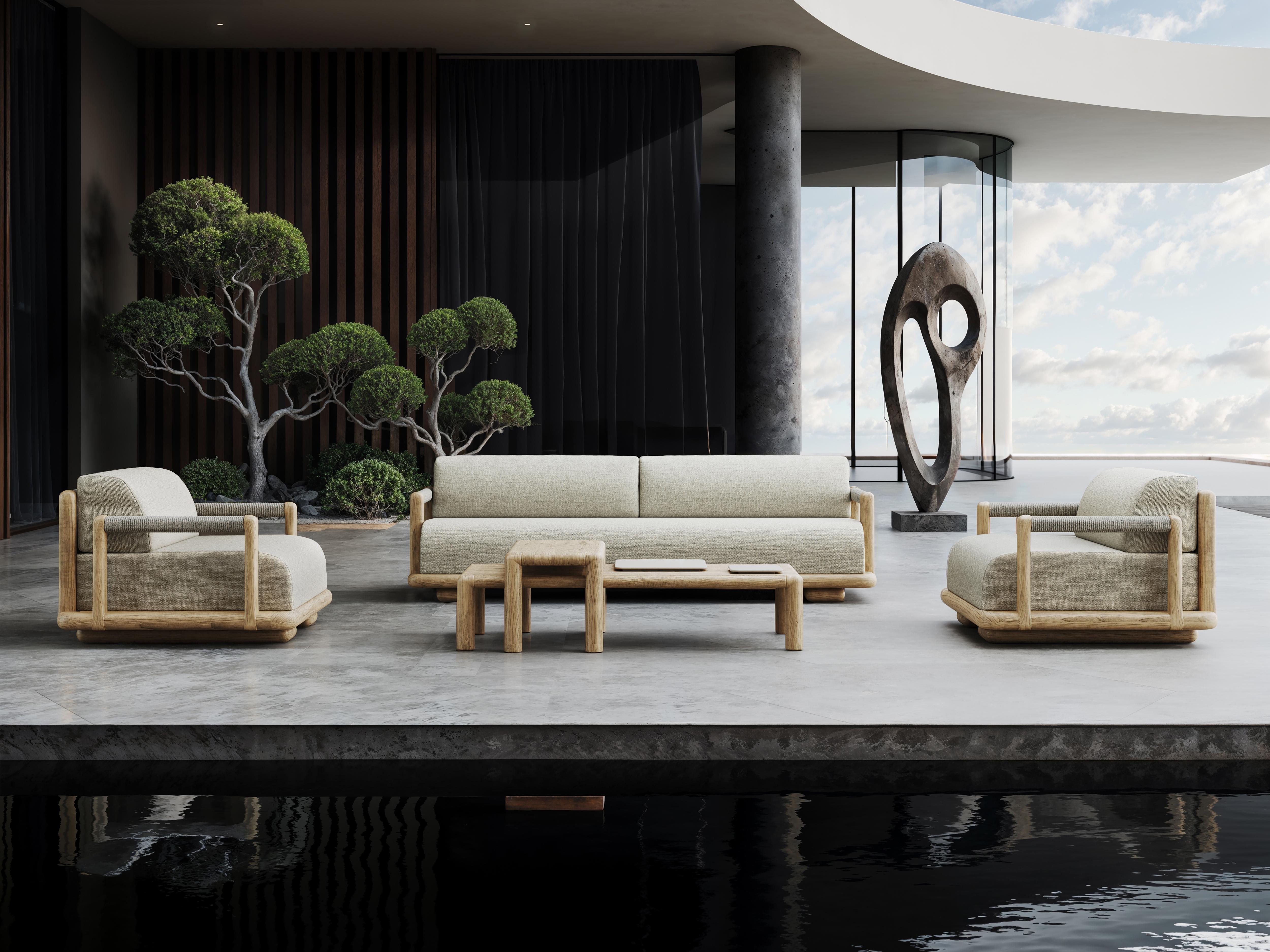 Other Caleo-Natural Teak Wood Frame, Rope And Ethereal Fabric Two-Seater Sofa by SNOC For Sale