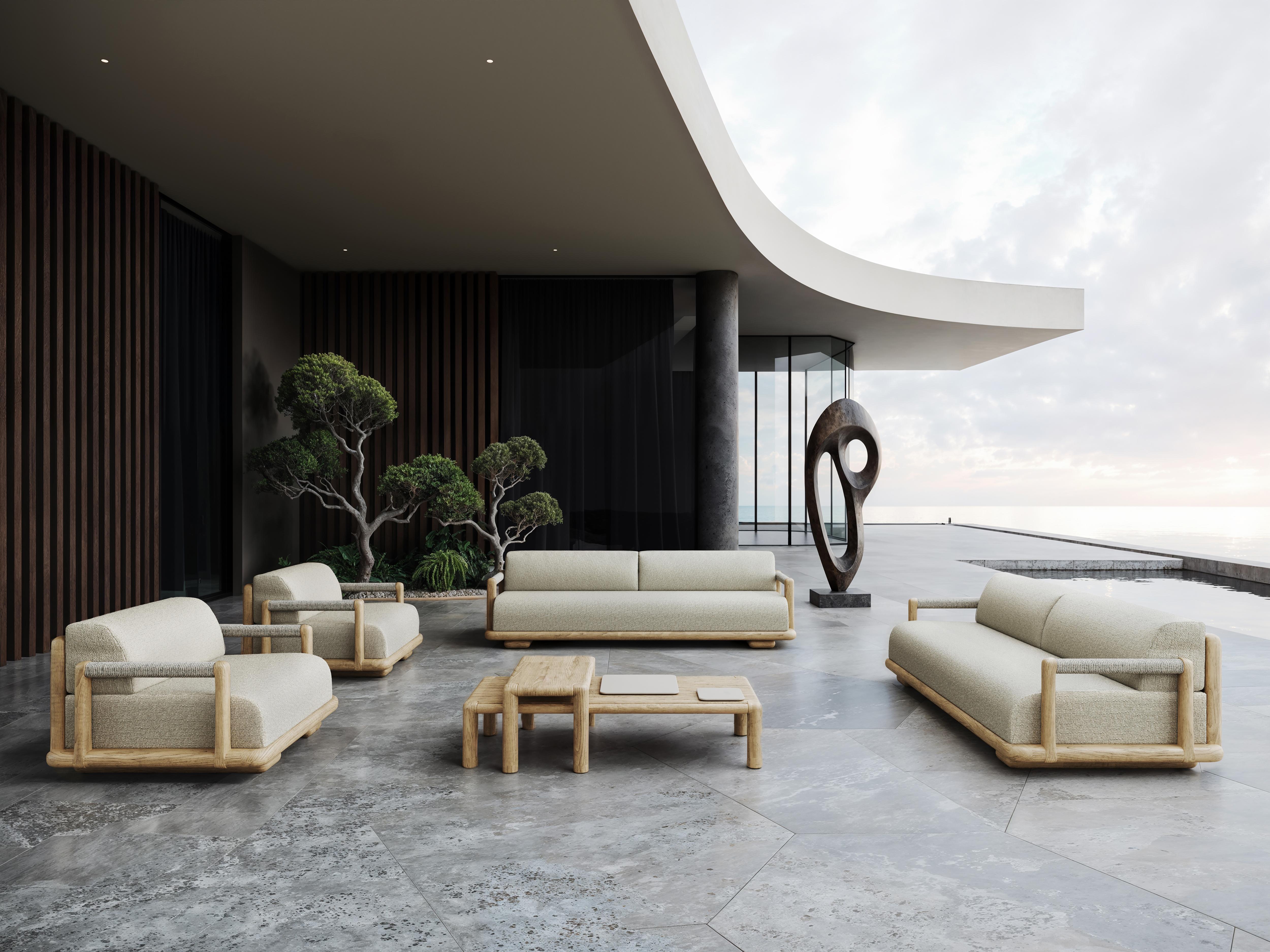 Caleo-Natural Teak Wood Frame, Rope And Ethereal Fabric Two-Seater Sofa by SNOC In New Condition For Sale In Geneve, CH