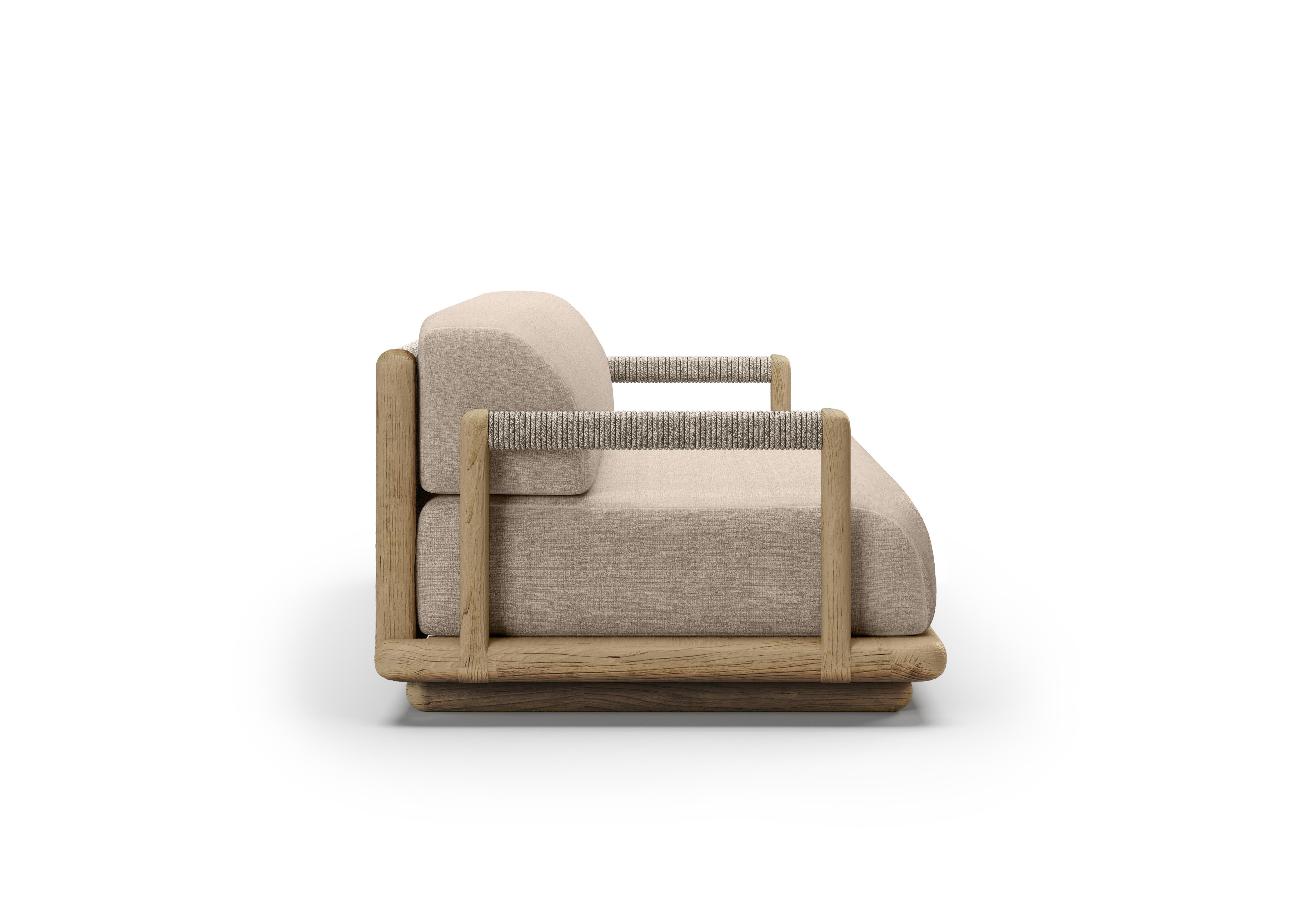 Contemporary Caleo-Natural Teak Wood Frame, Rope And Ethereal Fabric Two-Seater Sofa by SNOC For Sale