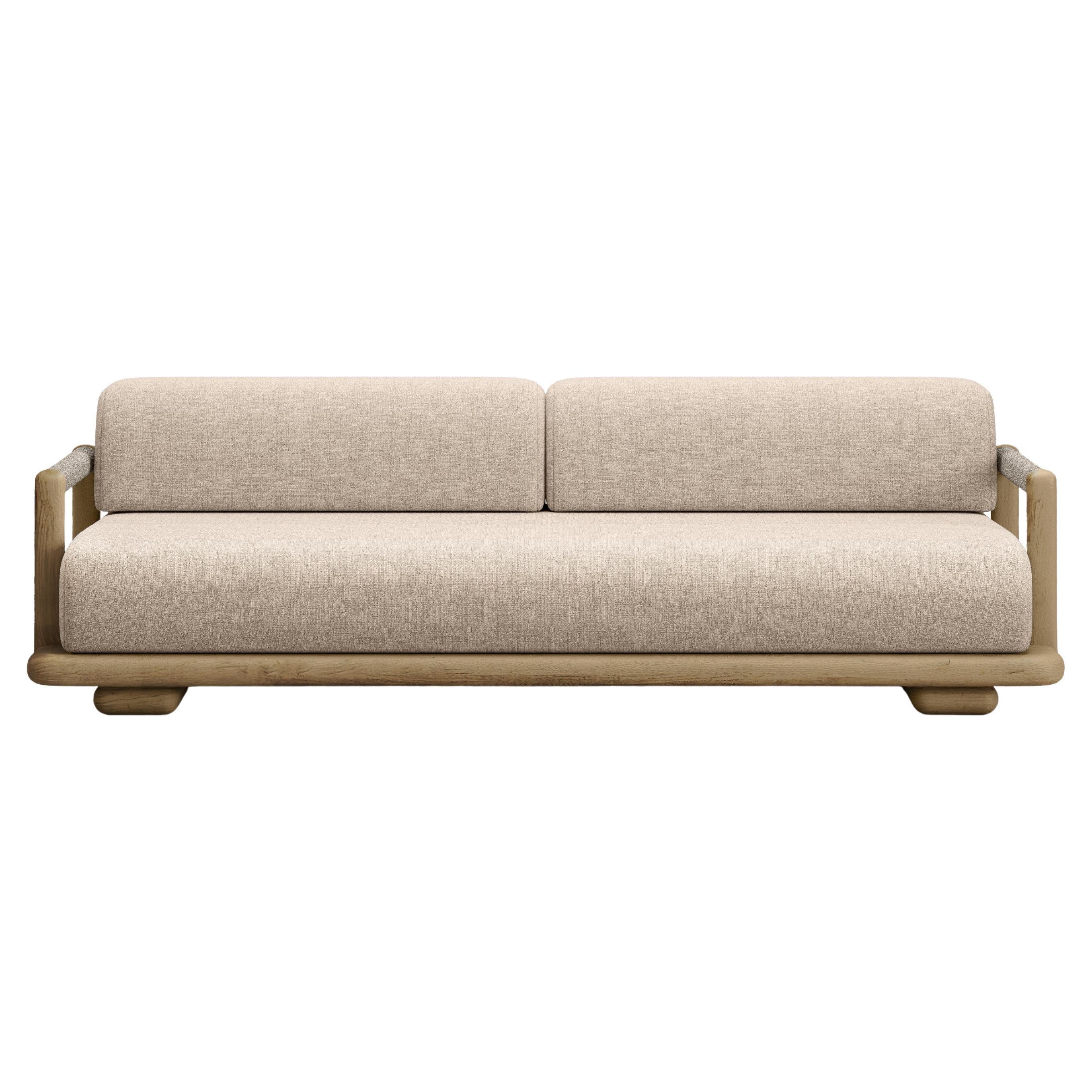 Caleo-Natural Teak Wood Frame, Rope And Ethereal Fabric Two-Seater Sofa by SNOC