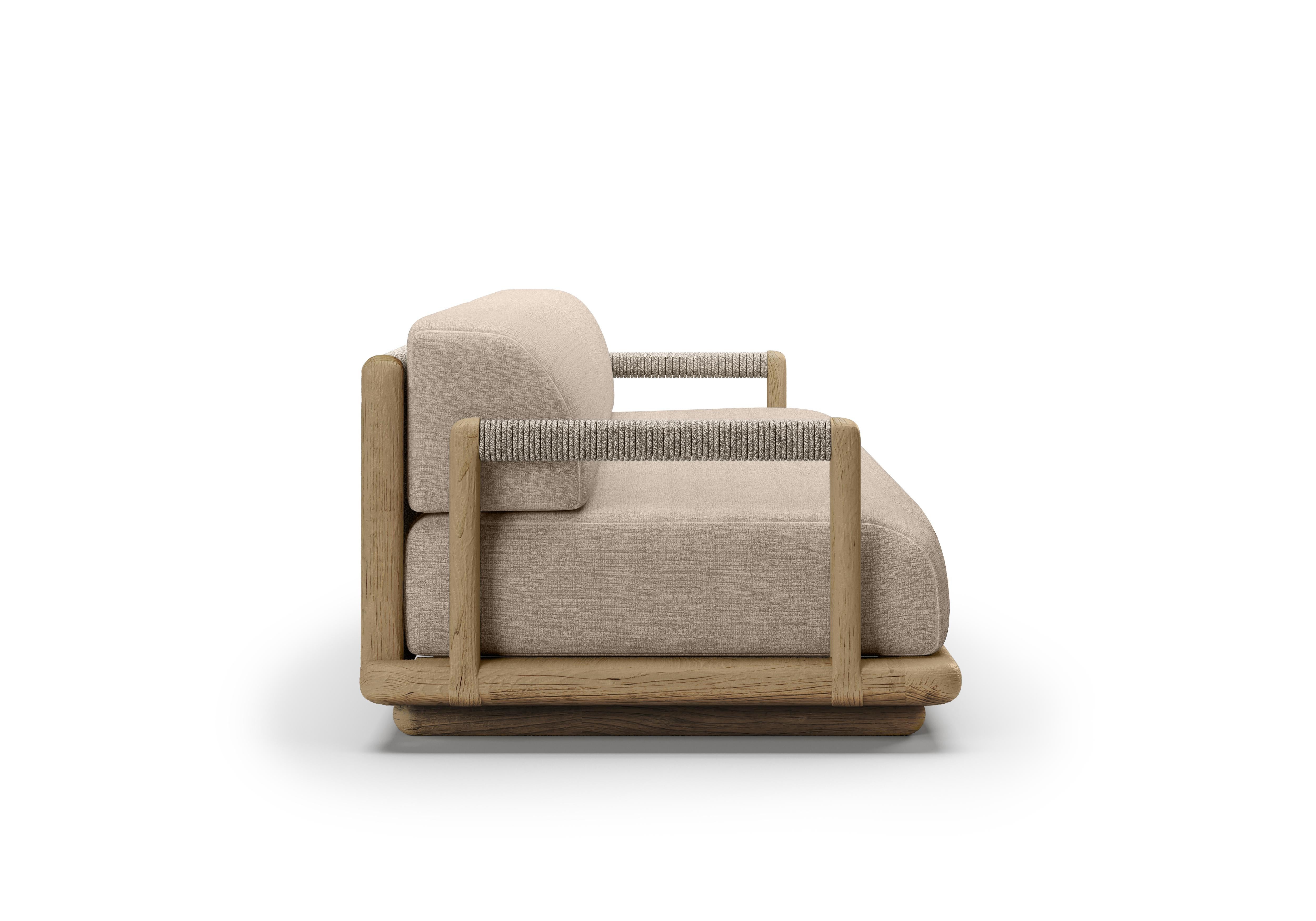 Contemporary Caleo-Natural Teak Wood, Rope And Ethereal Fabric Three-Seater Sofa by SNOC For Sale