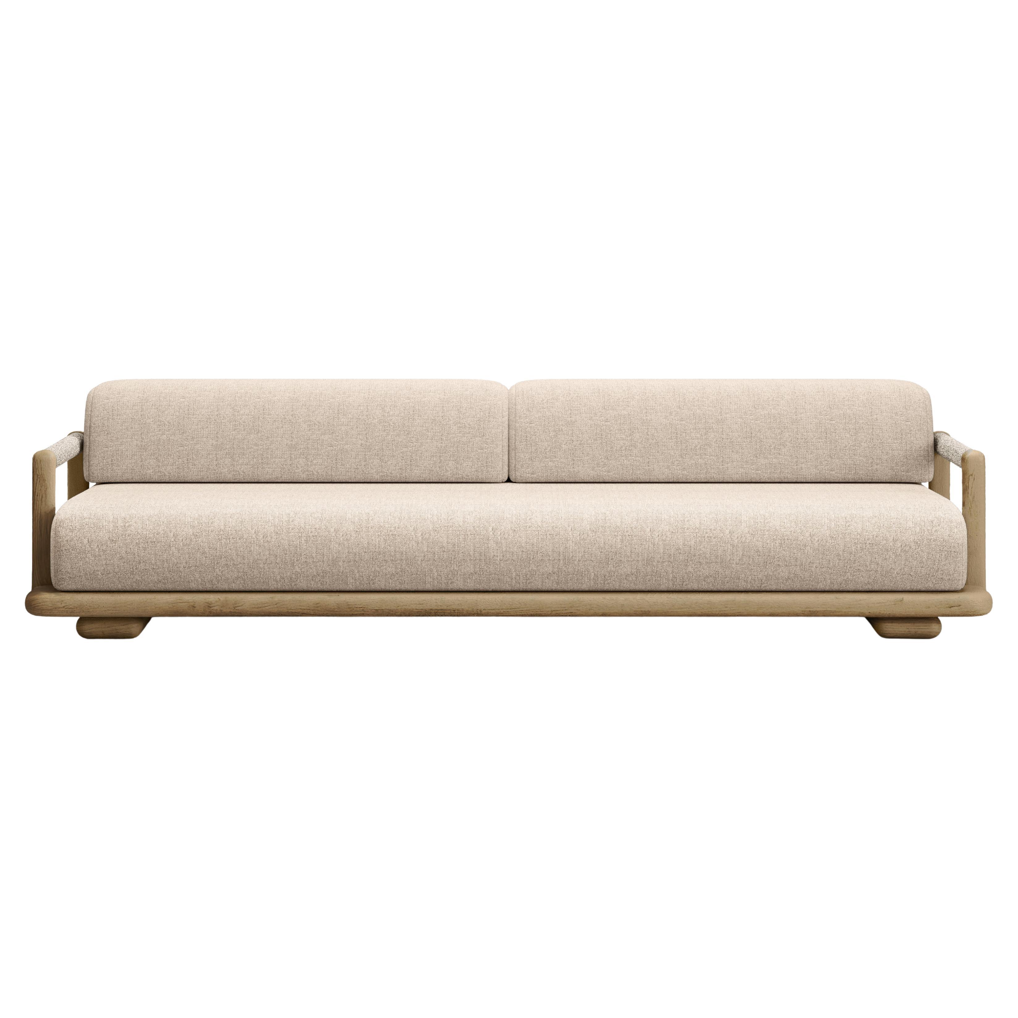 Caleo-Natural Teak Wood, Rope And Ethereal Fabric Three-Seater Sofa by SNOC