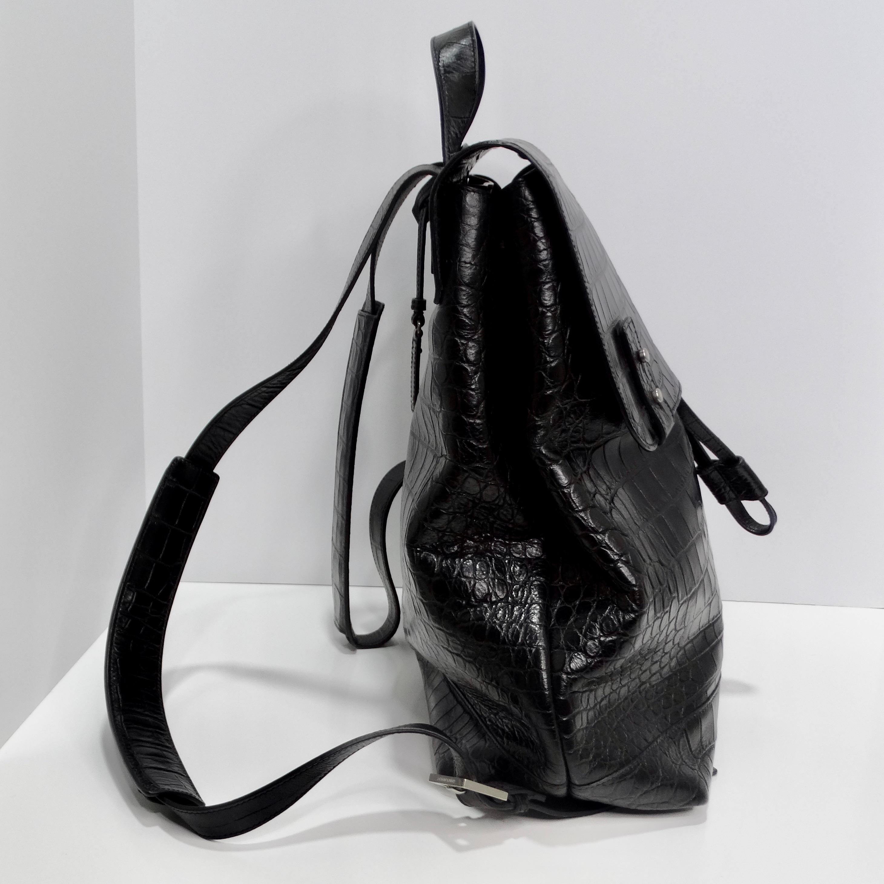 Women's or Men's Saint Laurent Calfskin Crocodile Embossed Sac De Jour Backpack Black For Sale