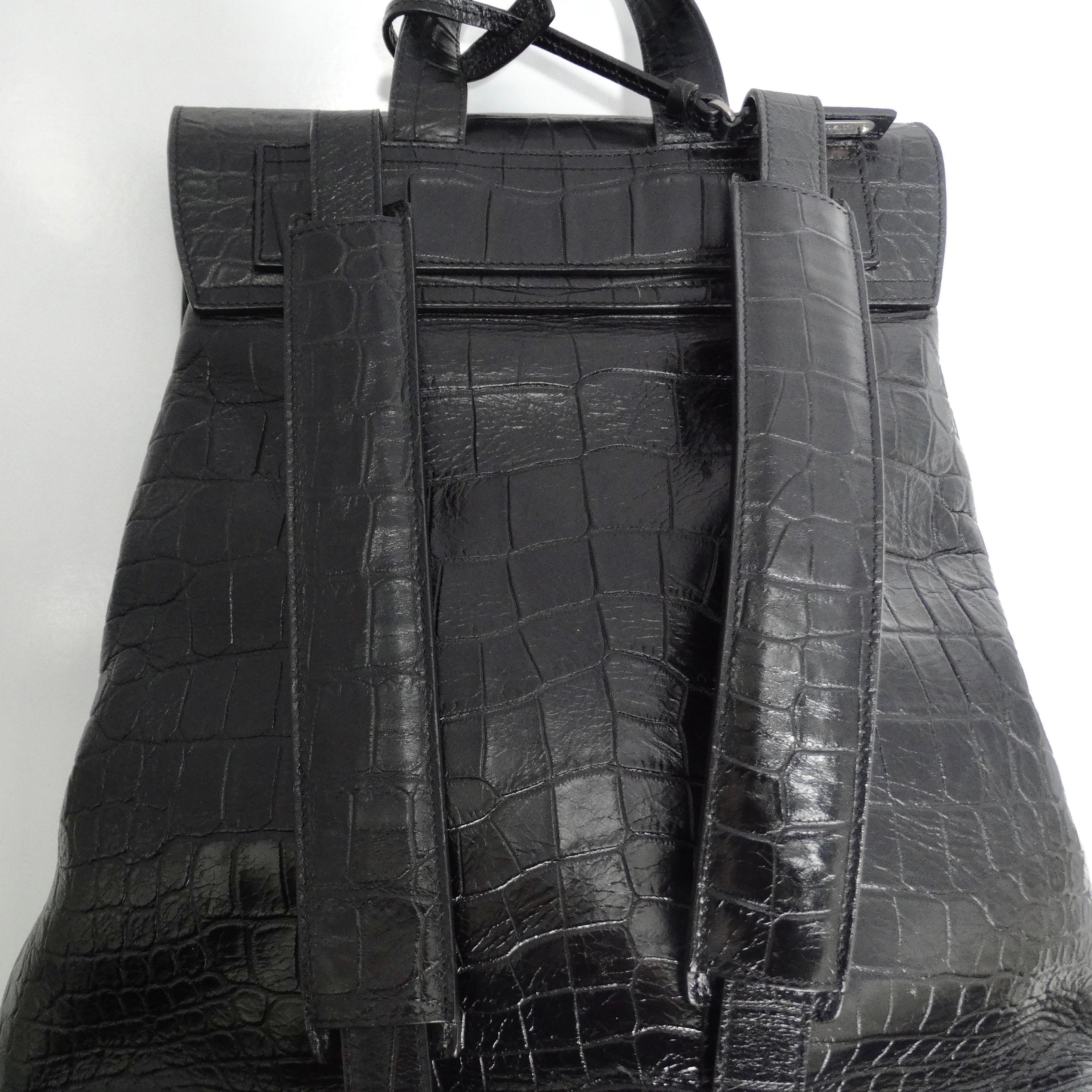 Saint Laurent Calfskin Crocodile Embossed Sac De Jour Backpack Black For Sale 4