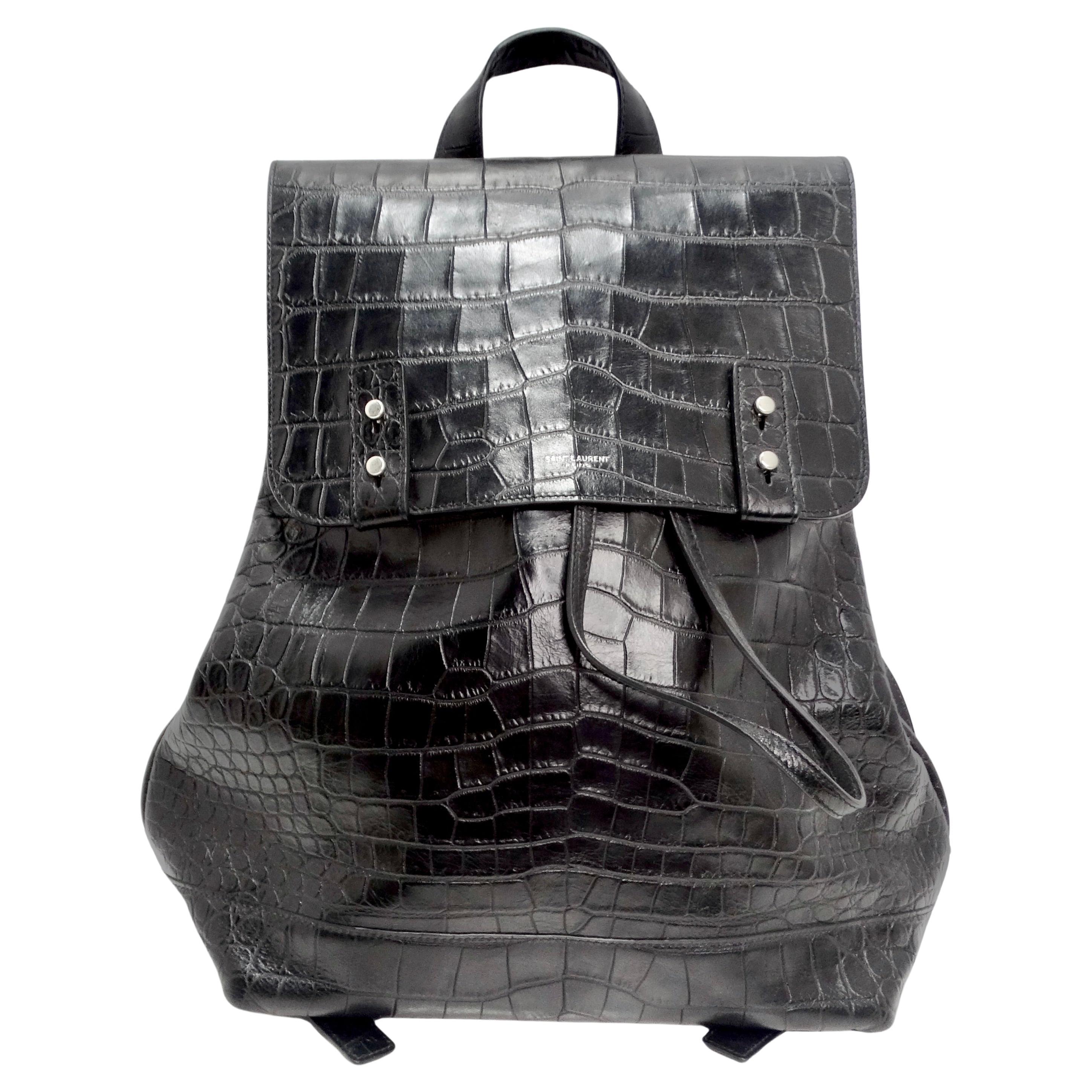 Saint Laurent Calfskin Crocodile Embossed Sac De Jour Backpack Black For Sale