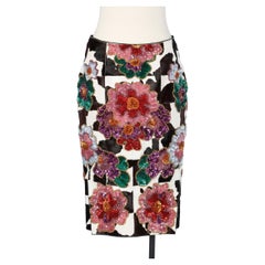 Jupe patchwork en cuir de veau avec broderies de fleurs et de sequins Tom Ford 