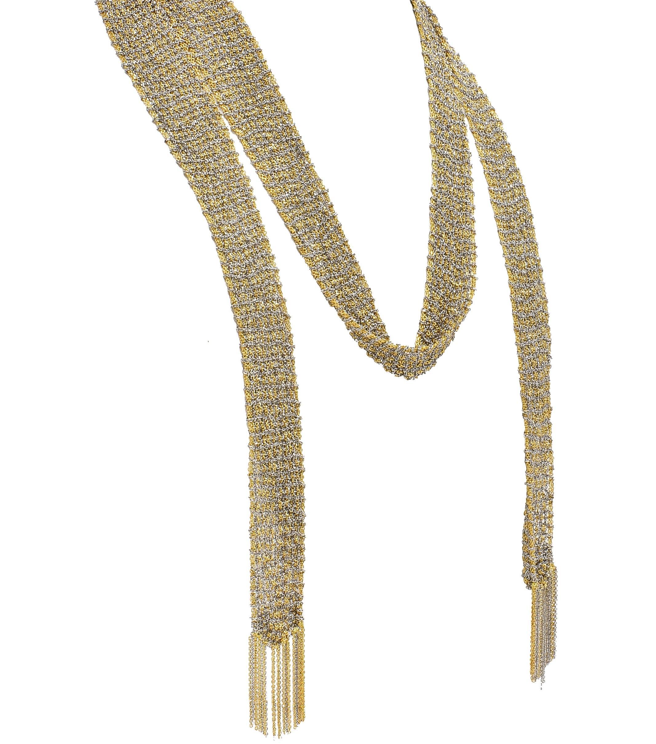 Women's or Men's Calgaro 18 Karat Two-Tone Gold Woven Mesh Fringe Scarf Necklace