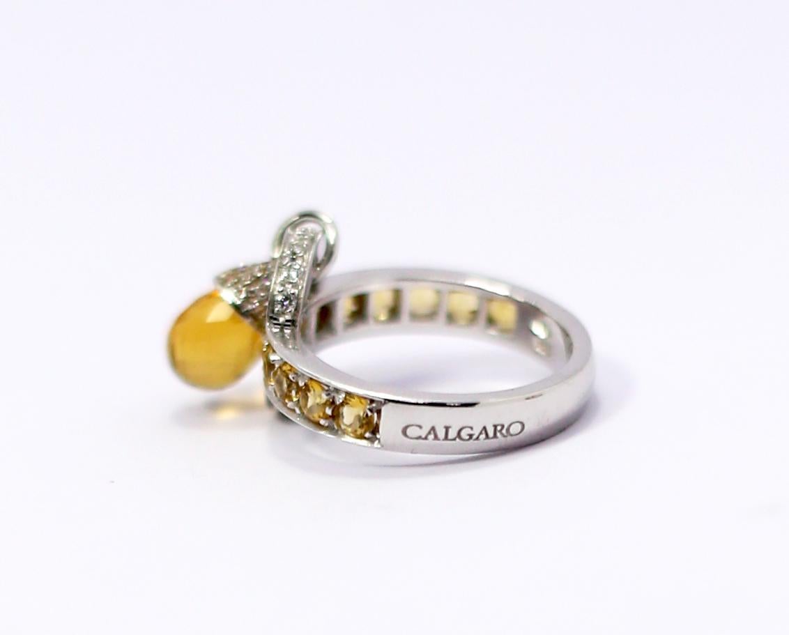 Contemporary Calgaro 18 Karat White Gold Ring with Yellow Lemon Briolet Quartz Acorn