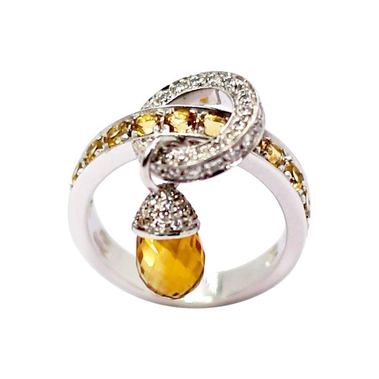 Calgaro 18k white Gold Ring with yellow Lemon Briolet Quartz Acorn