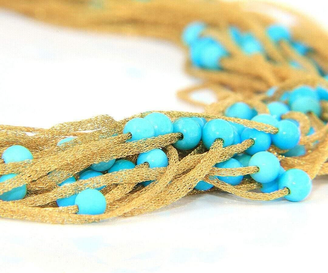 Calgaro Mesh Multistrand Turquoise Beads Necklace in 18K Yellow Gold 5