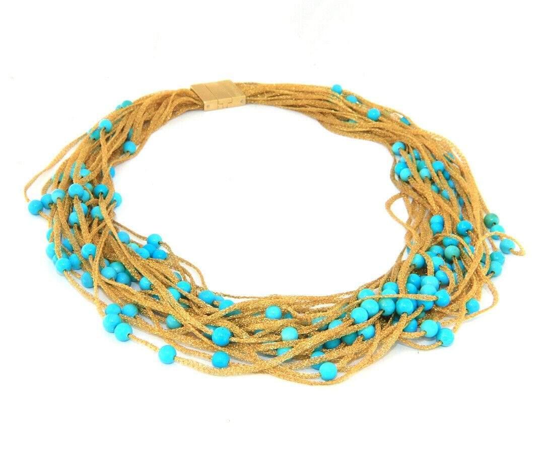 Calgaro Mesh Multistrand Turquoise Beads Necklace in 18K Yellow Gold In Excellent Condition In Vienna, VA