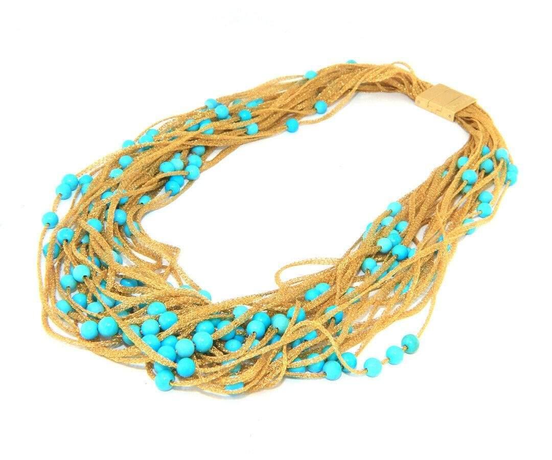 Women's Calgaro Mesh Multistrand Turquoise Beads Necklace in 18K Yellow Gold