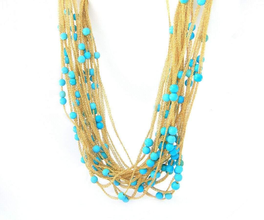 Calgaro Mesh Multistrand Turquoise Beads Necklace in 18K Yellow Gold 1