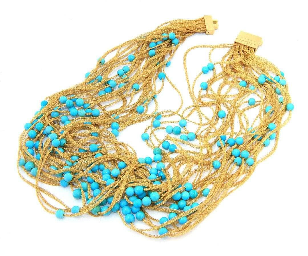 Calgaro Mesh Multistrand Turquoise Beads Necklace in 18K Yellow Gold 2
