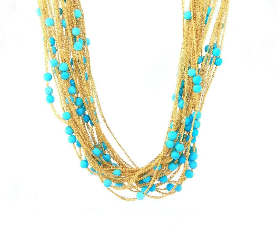 Calgaro Mesh Multistrand Turquoise Beads Necklace in 18K Yellow Gold 3