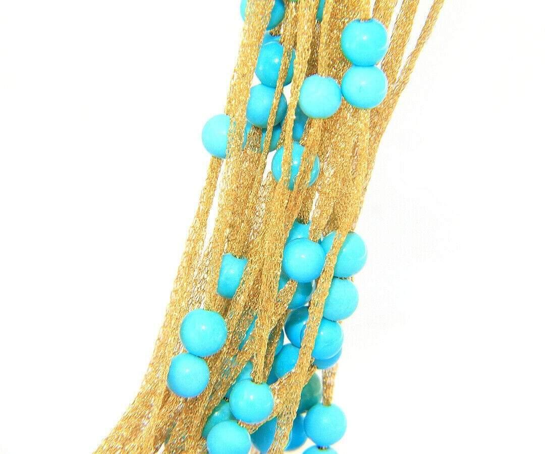 Calgaro Mesh Multistrand Turquoise Beads Necklace in 18K Yellow Gold 4