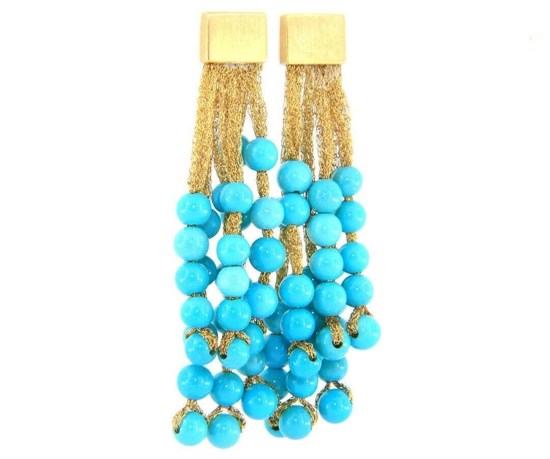 Calgaro Mesh Turquoise Beaded Dangle Earrings in 18K

Calgaro Mesh Turquiose Beaded Dangle Earrings
18K Yellow Gold
Earring Length: Approx. 50.0 MM
Weight: Approx. 7.50 Grams
Stamped: CALGARO, 750

Condition:
Offered for your consideration is a pair