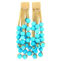 Calgaro Mesh Turquoise Beaded Dangle Earrings in 18K Yellow Gold