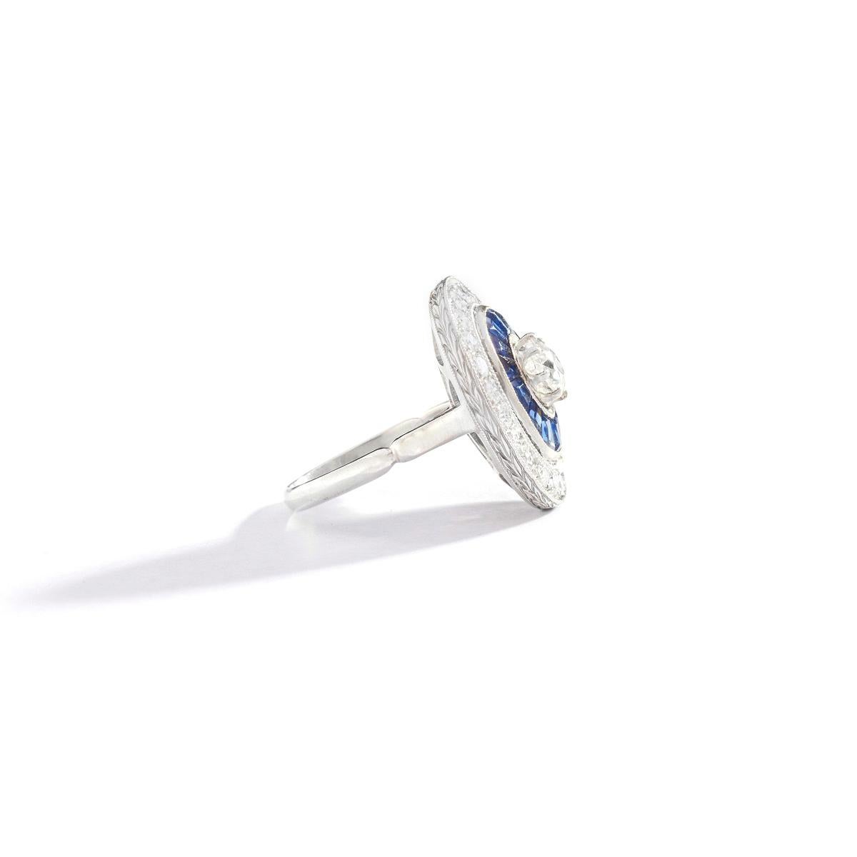 Art Deco Calibrated Sapphire Diamond Platinum Engraved Ring