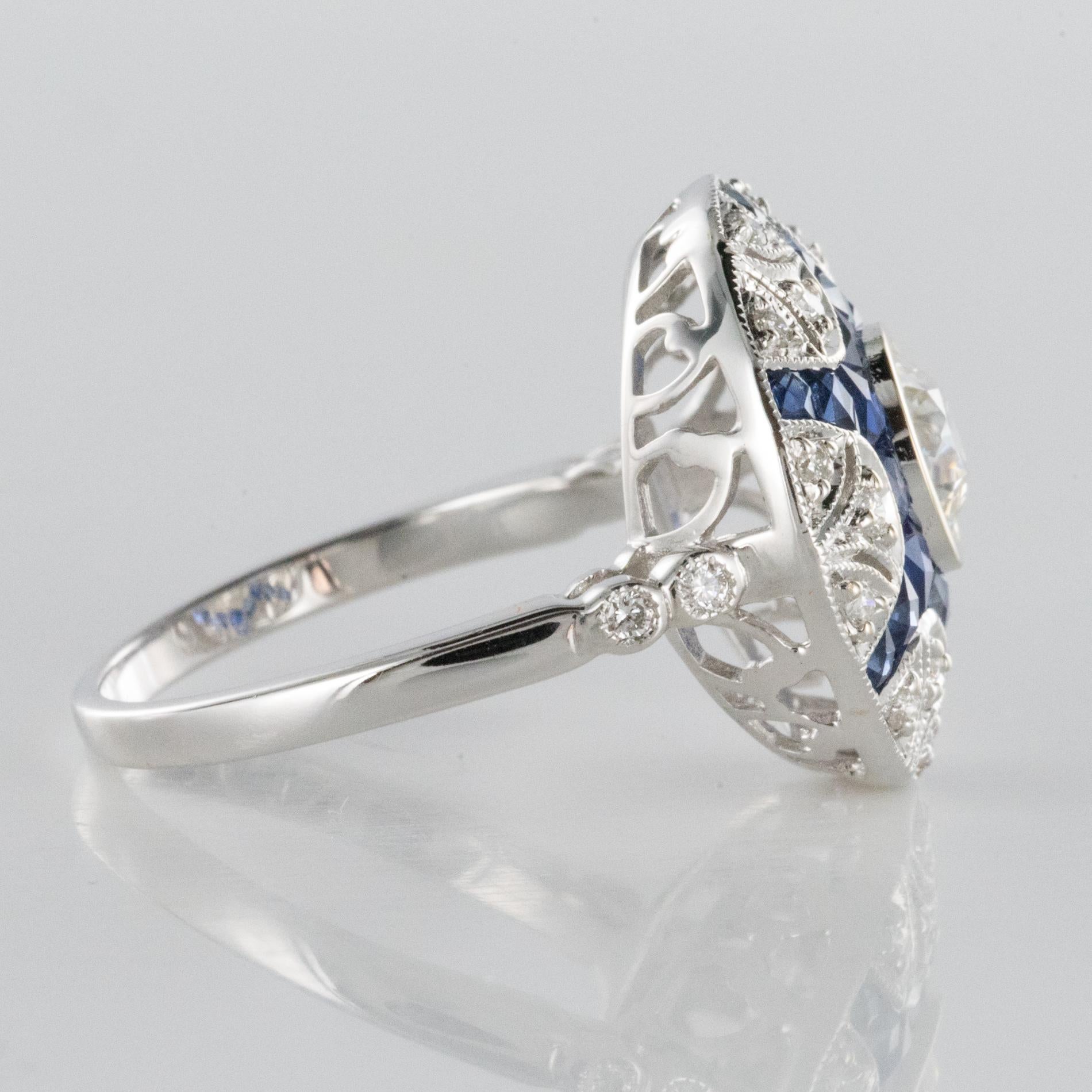 Art Deco Style Calibrated Sapphire Diamonds 18 Karat White Gold Ring 6